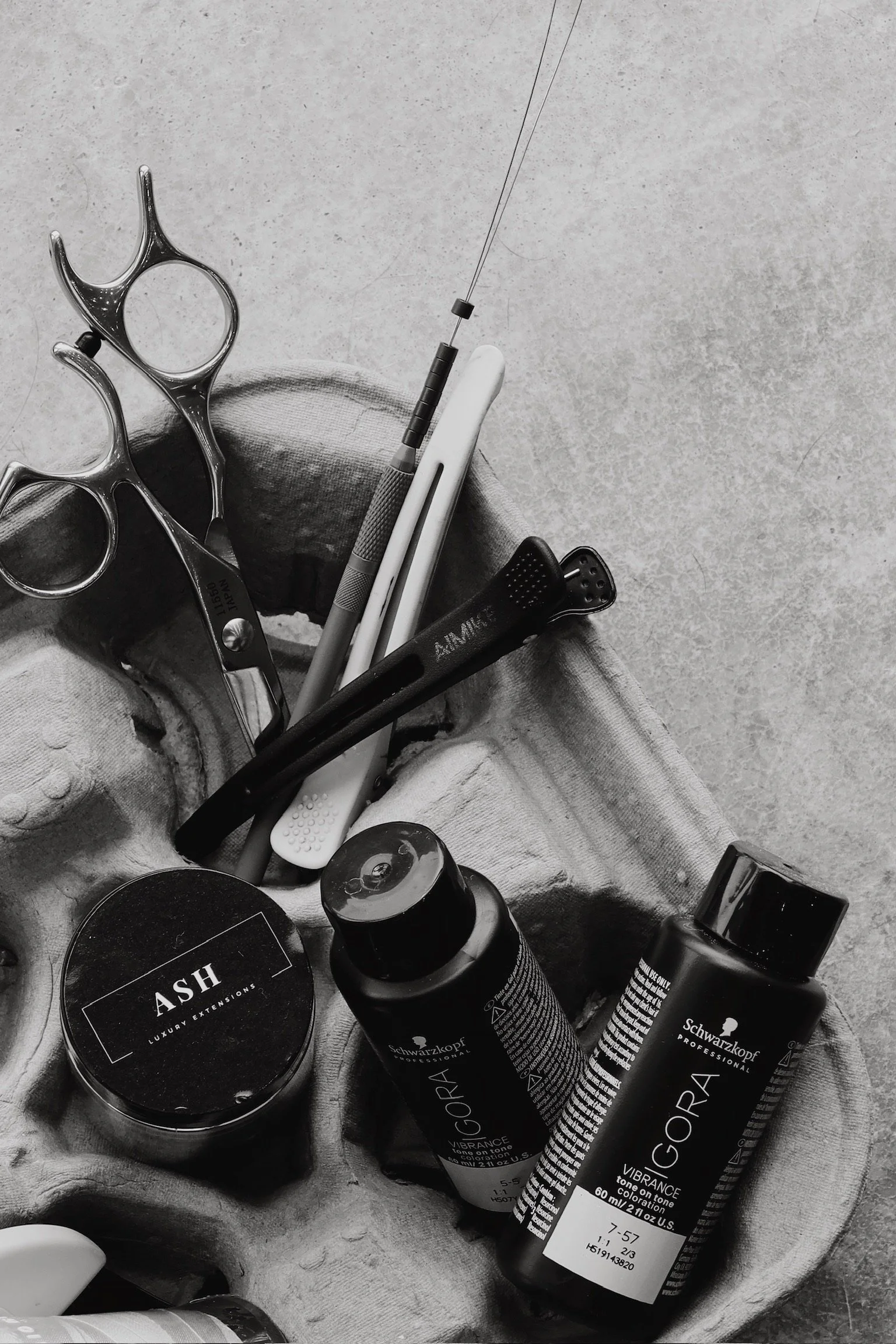 Collection of hair styling tools and products on an egg carton, including scissors, a hairbrush, hair dye bottles, and a hair spray can.