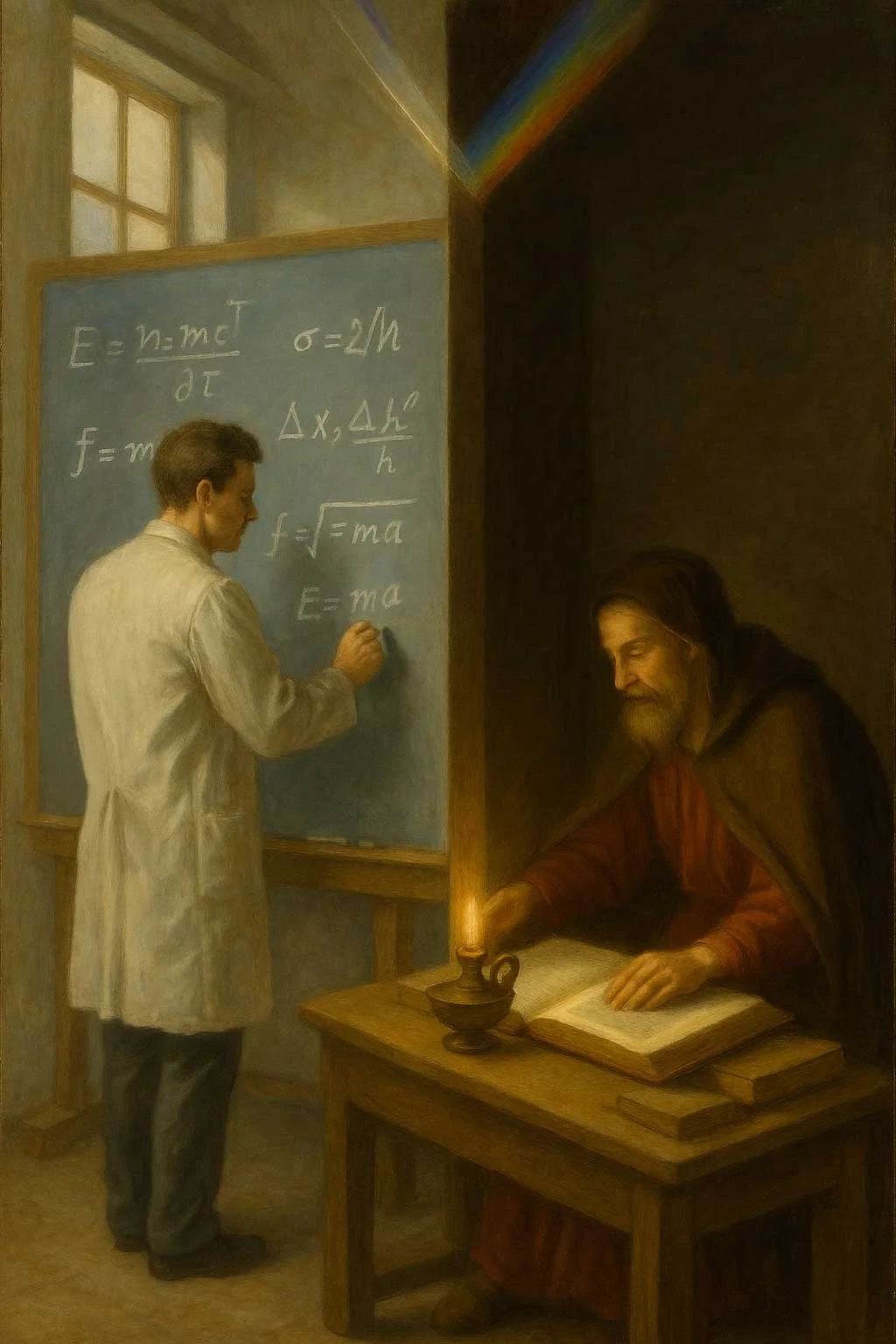 A painting of a young man in a white coat writing physics equations on a blackboard, with an older man in a hooded cloak reading a book and holding a lit candle at a wooden table.