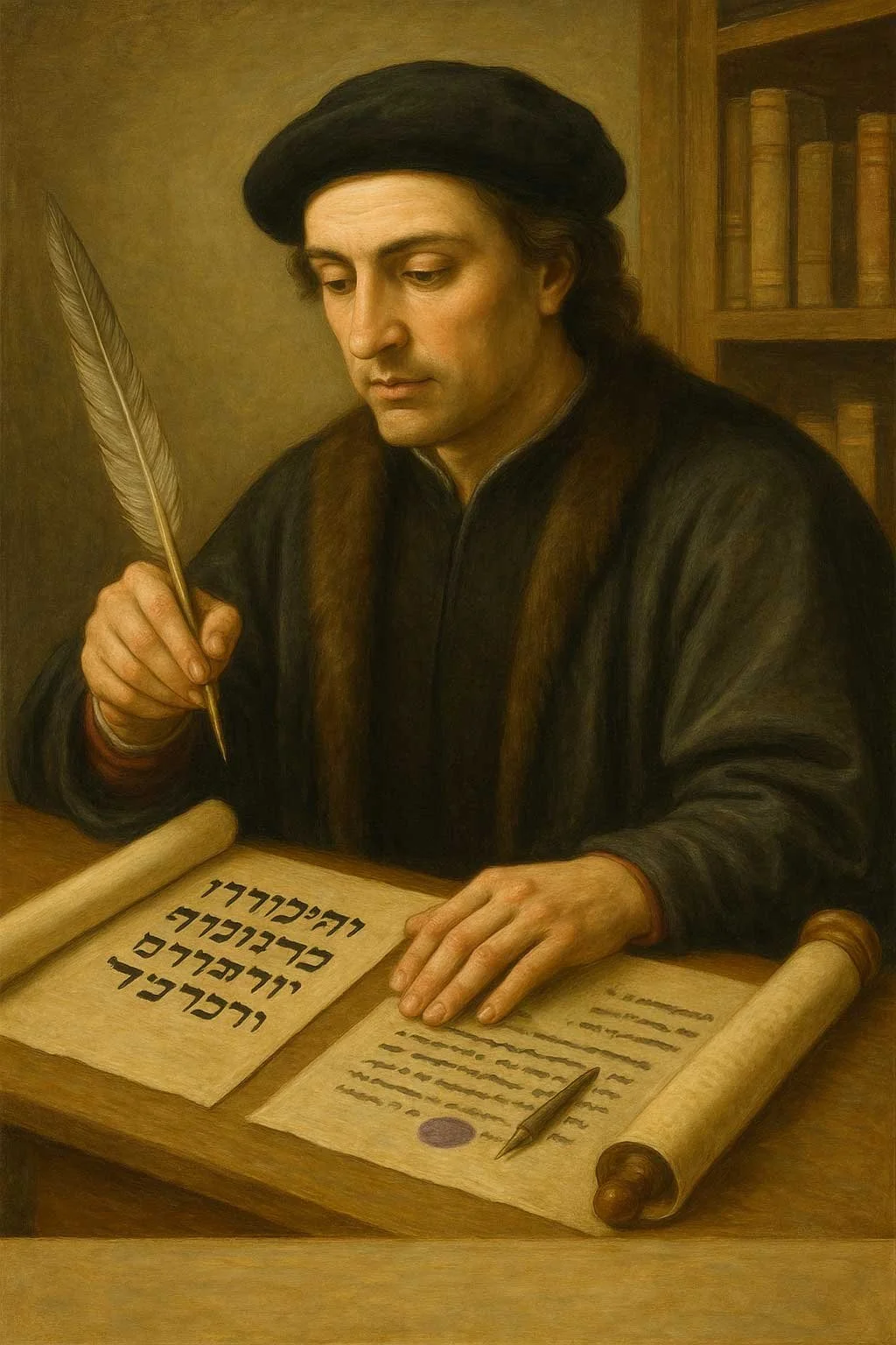 A man wearing a black hat and dark clothing sitting at a wooden table, writing on an ancient scroll with a feather quill. There are more scrolls and a bookcase in the background.