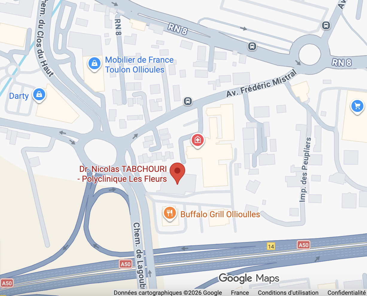 Plan d'accès à la Polyclinique Les Fleurs, Ollioules