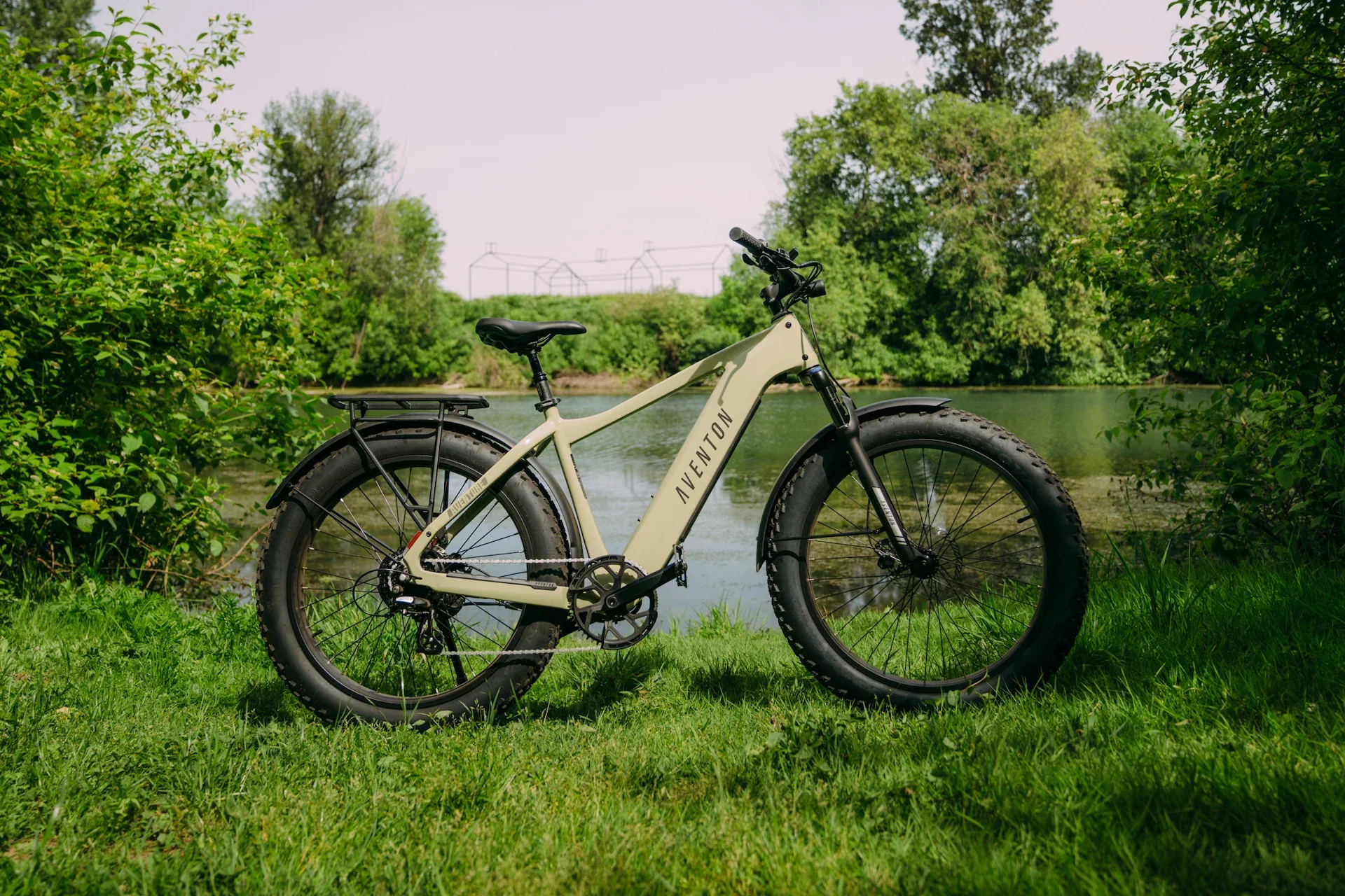 A fat tire electric mountain bike outdoors near a river, surrounded by green trees and grass.