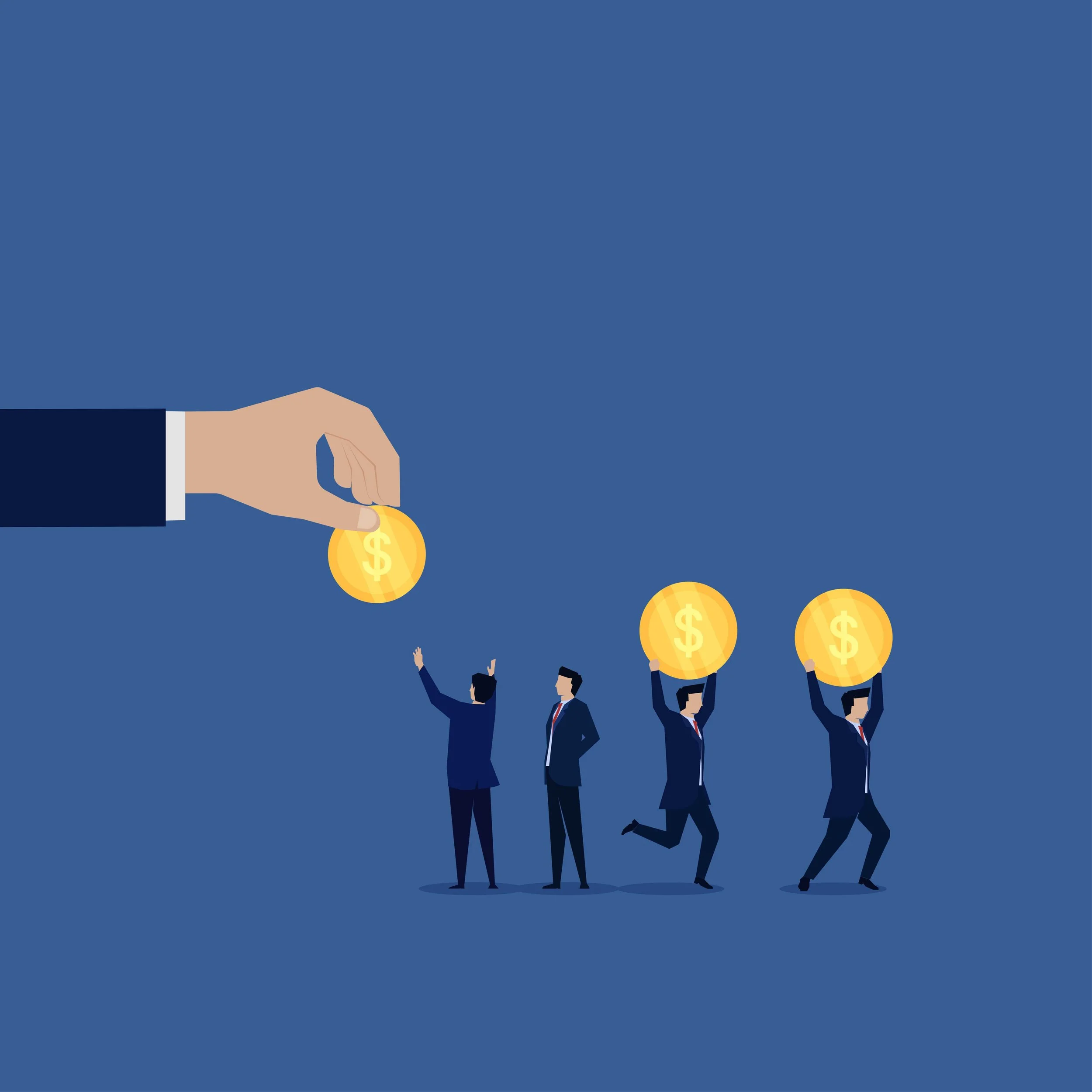 Illustration of a large hand offering coins to small men, who are taking the coins and running away with them.