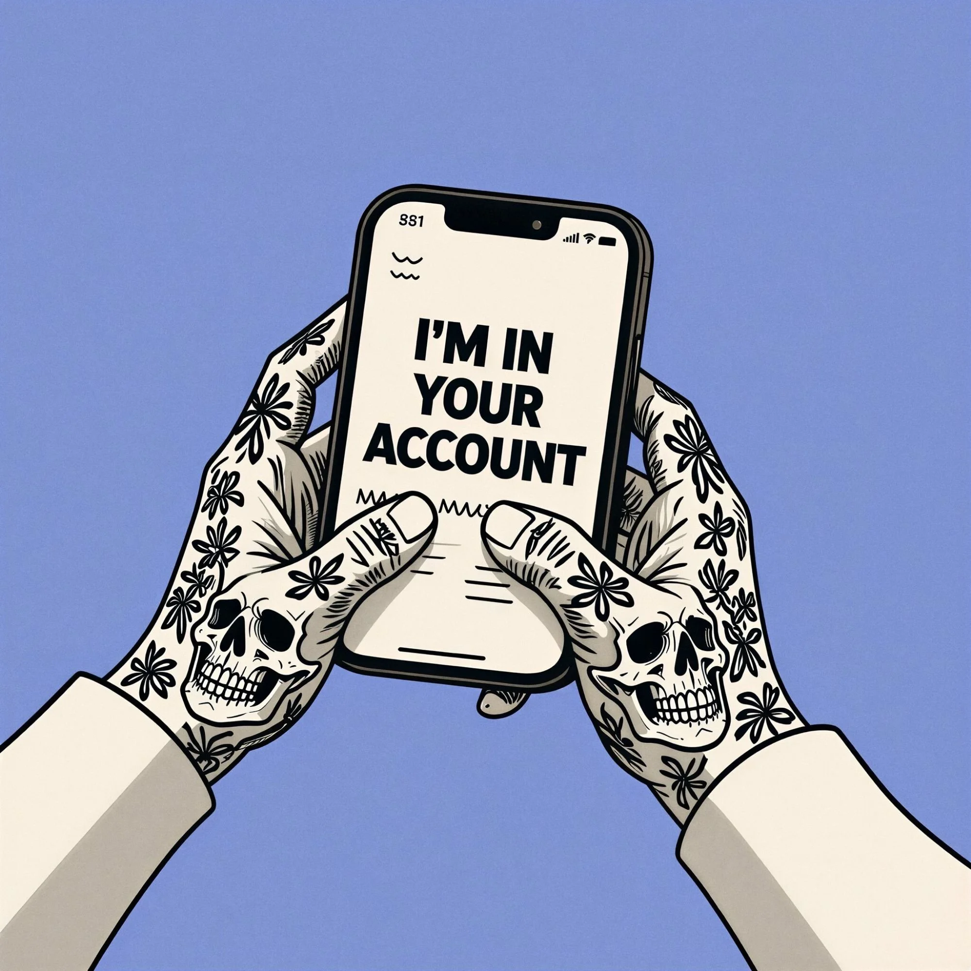 Illustration of tattooed hands holding a cell phone. Text on the screen says, "I'M IN YOUR ACCOUNT."