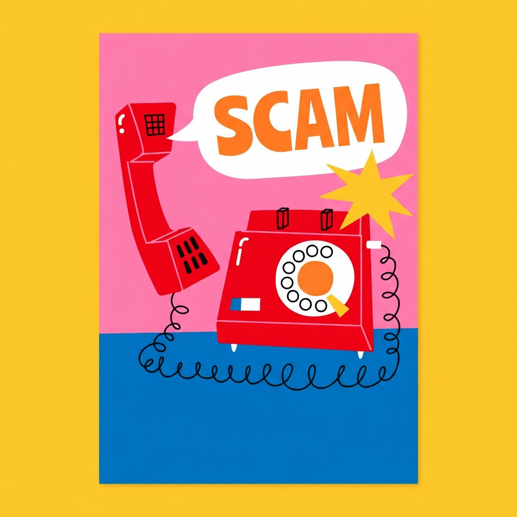 Illustration of an old-fashioned dial phone with a speech bubble coming out of the receiver that says, "SCAM."