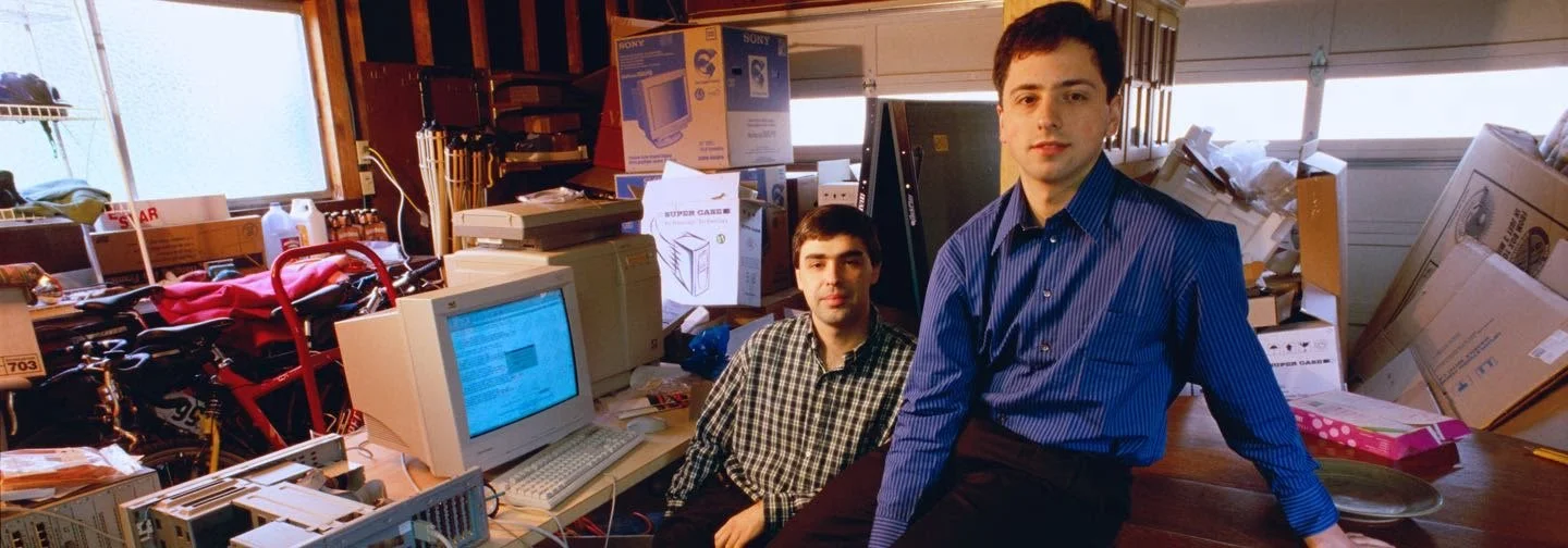 Photo of Google founders Larry Page and Sergey Brin in their garage-office in 1998.