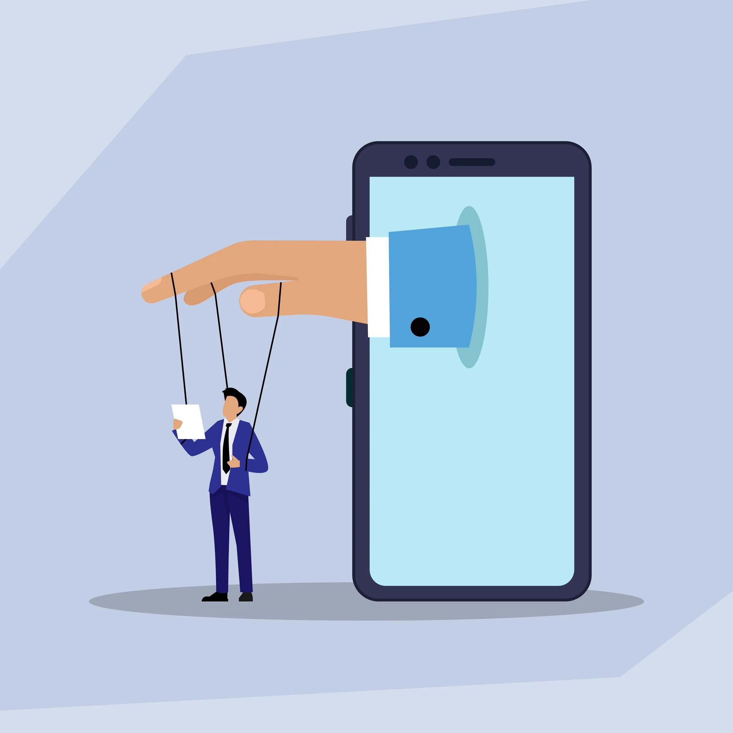Illustration of a small man being controlled like a marionette puppet by a large hand reaching out of a cell phone screen.
