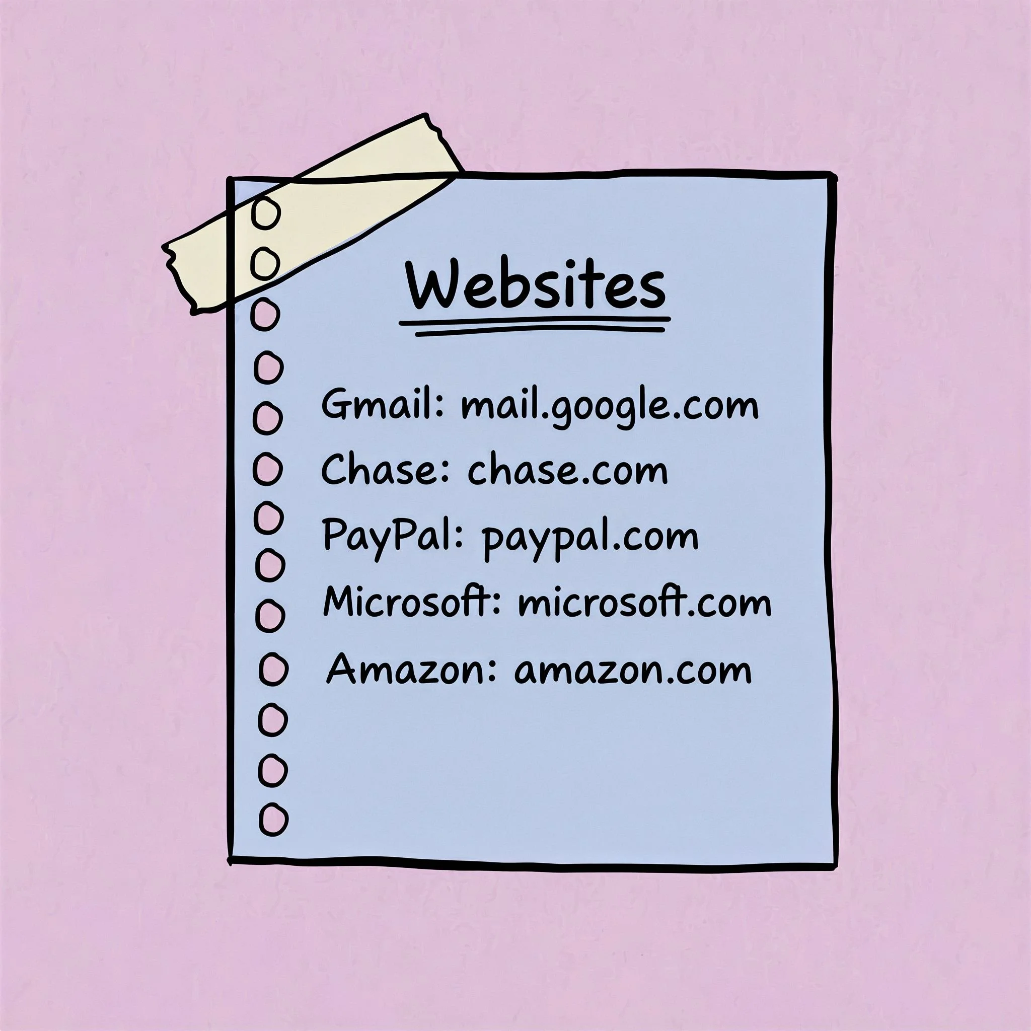 Illustration showing a list of frequently visited websites written on a piece of notebook paper.