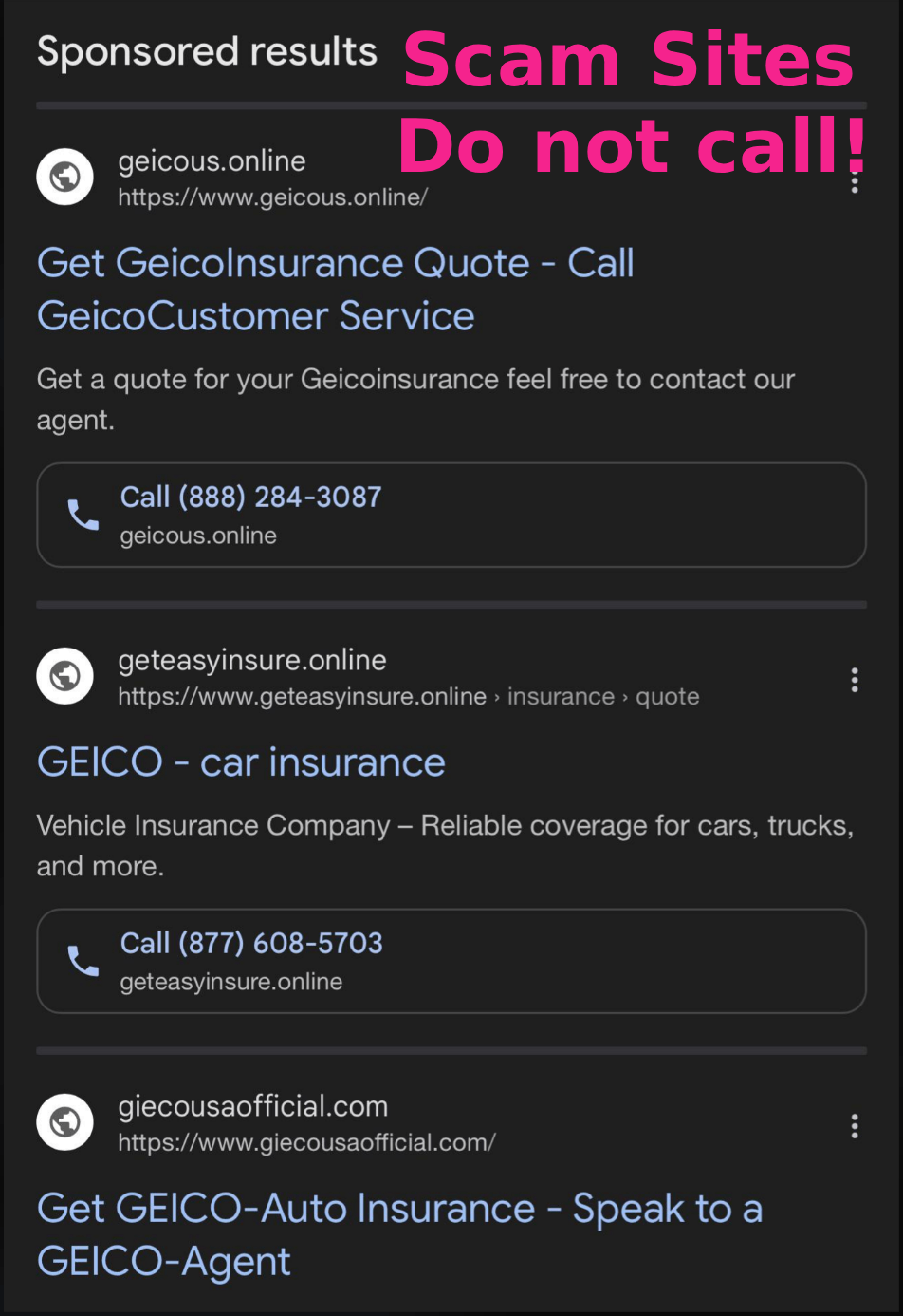 A screenshot of a Google search showing scam links as the top search results.