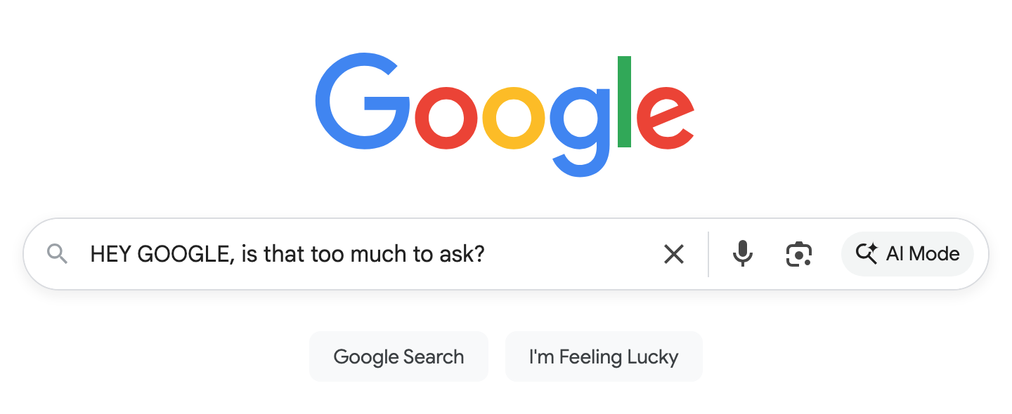 Screenshot of a Google search bar with the words, “HEY GOOGLE, is that too much to ask?” inside.