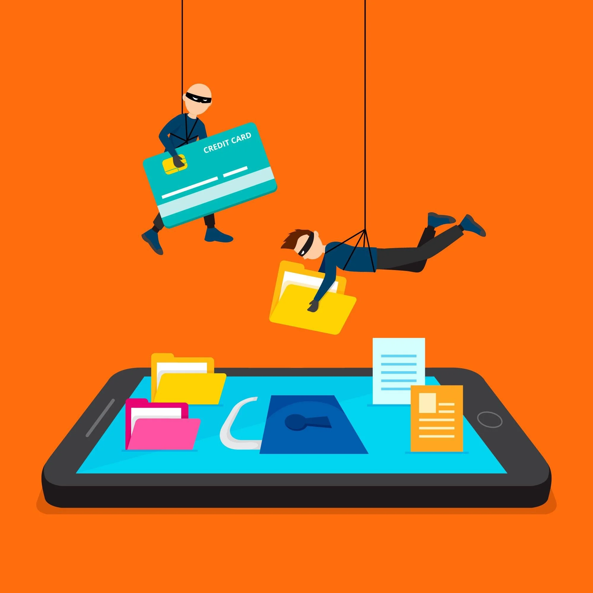 Illustration of two thieves rappelling over a cell phone and stealing credit card info, files, passwords, and personal information.