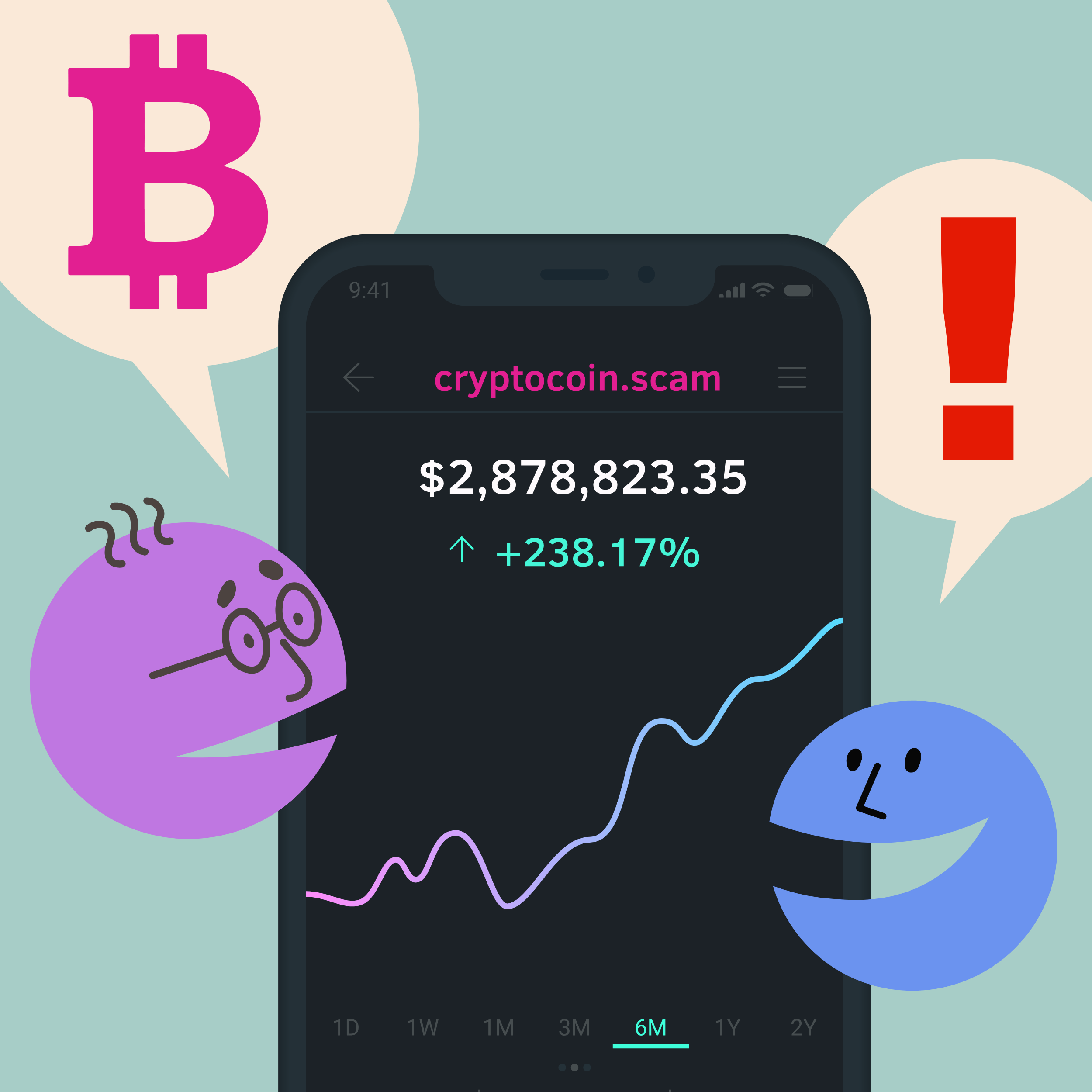 Illustration of an investment scammer helping a victim invest in a crypto scam.