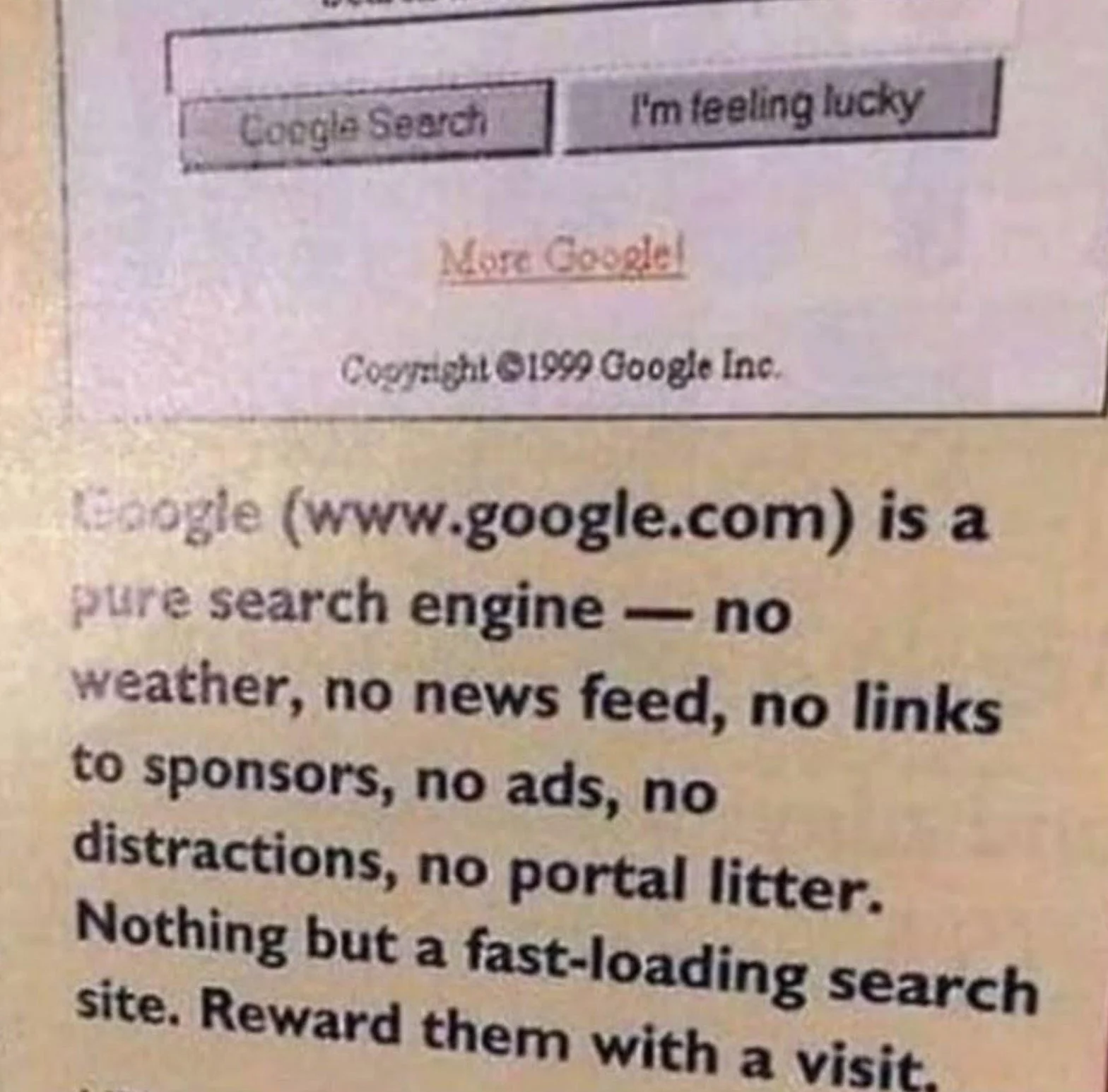Screenshot of a 1999 internet directory listing for Google, describing it as a “pure search engine” with no ads, distractions of portal litter.
