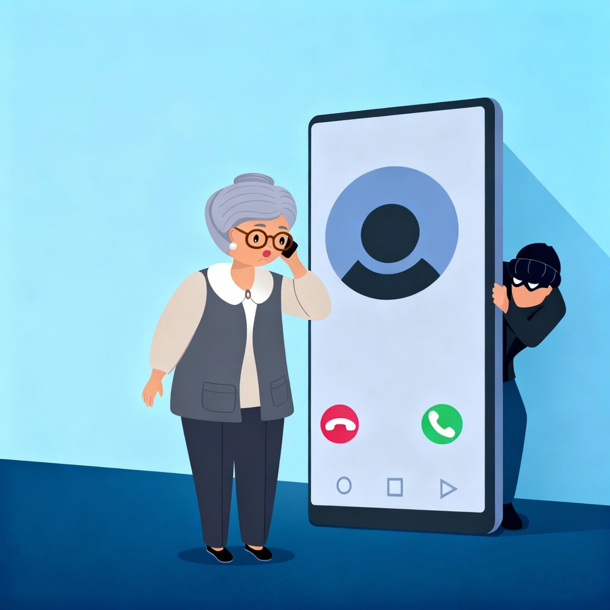 Illustration of an elderly woman with grey hair talking on a cell phone. Beside her is a 10-foot-tall cell phone with a criminal hiding behind it.