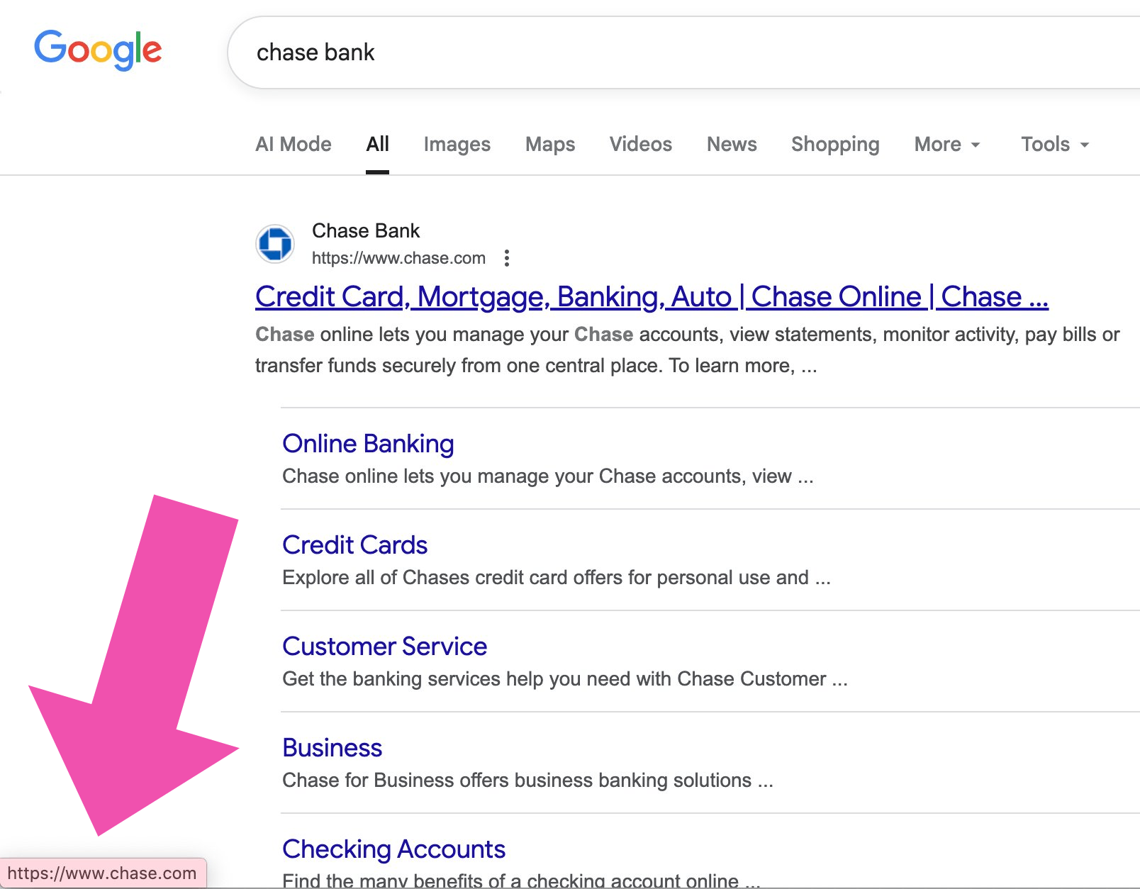 Screenshot showing that the destination website address appears in the lower-left corner of your screen when you hover over a link without clicking.