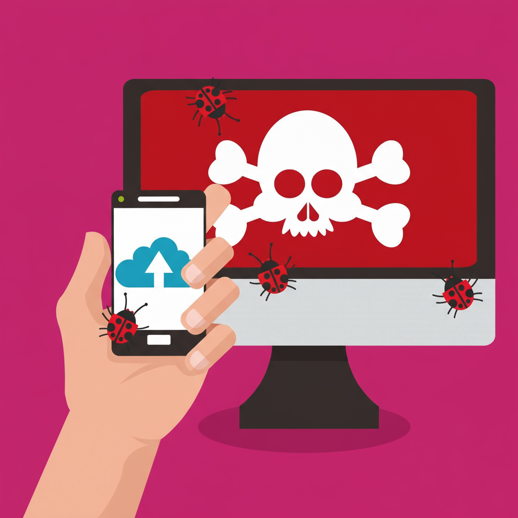 An illustration of a cell phone and a computer screen with bugs and a skull.