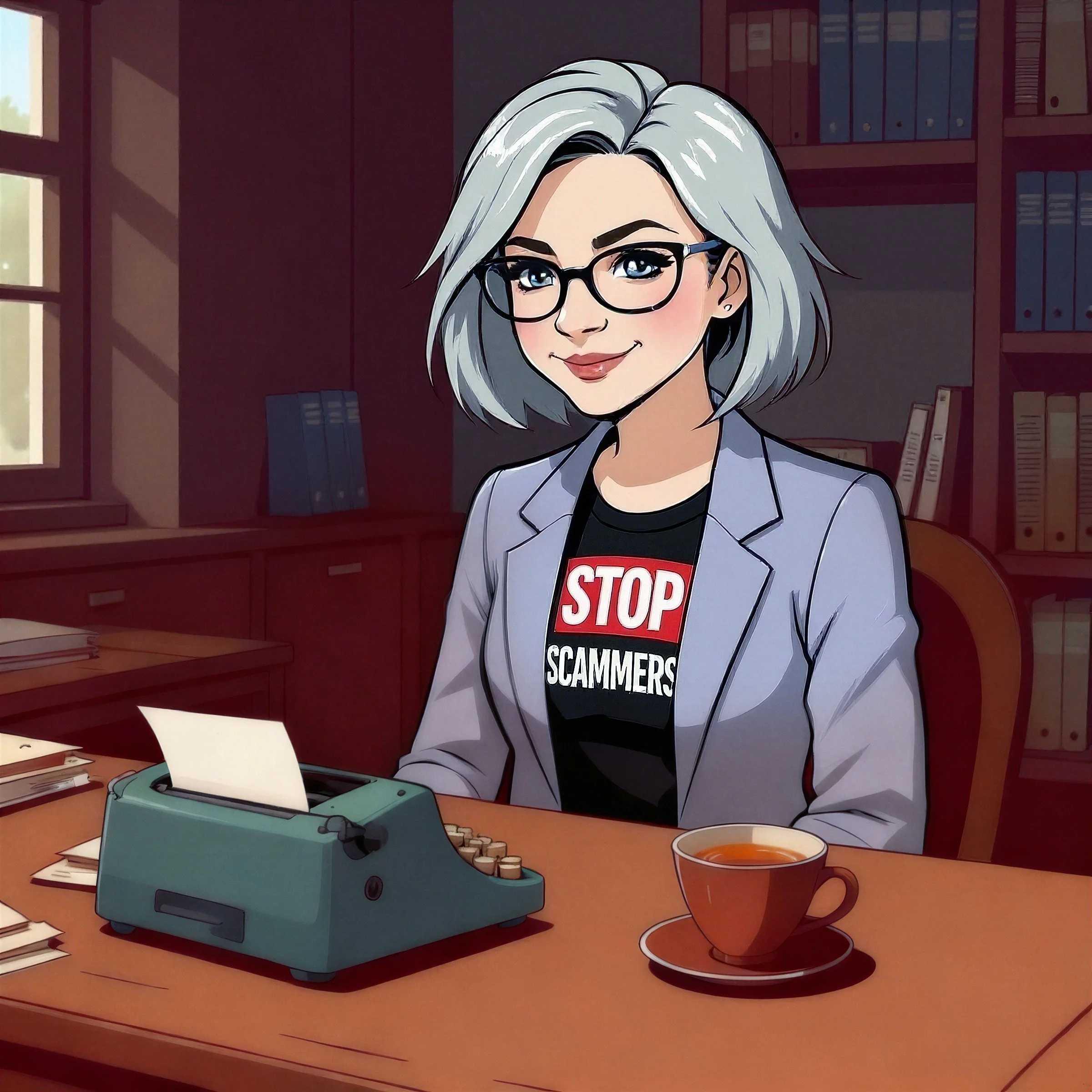 Illustration of Auntie Scam wearing a shirt that says, “STOP SCAMMERS.” She sits in an old-fashioned detective office at a desk with a manual typewriter and a cup of tea.