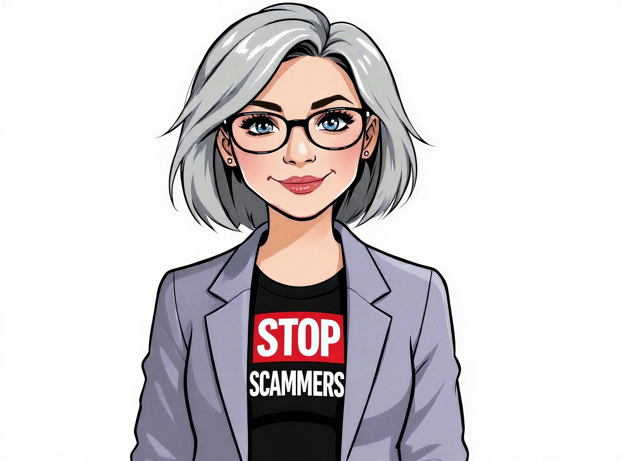 Image of Auntie Scam, a woman with grey hair and glasses, wearing a t-shirt that says "STOP SCAMMERS".