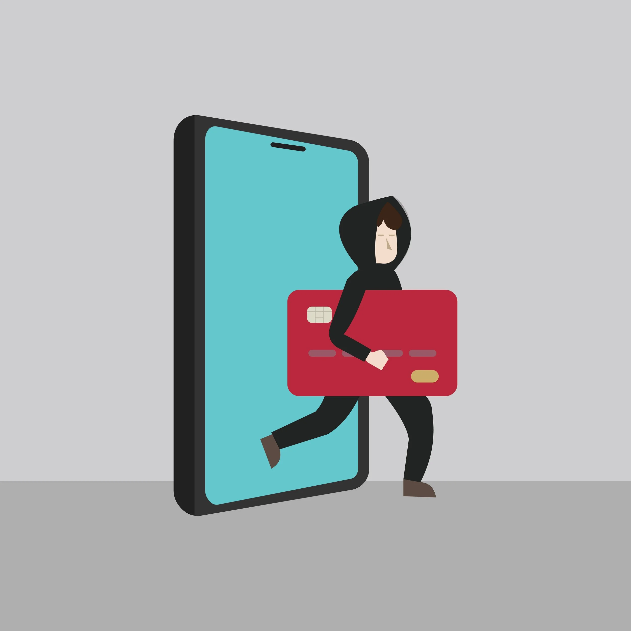 Illustration of a scammer walking out of a cell phone with a stolen bank card.