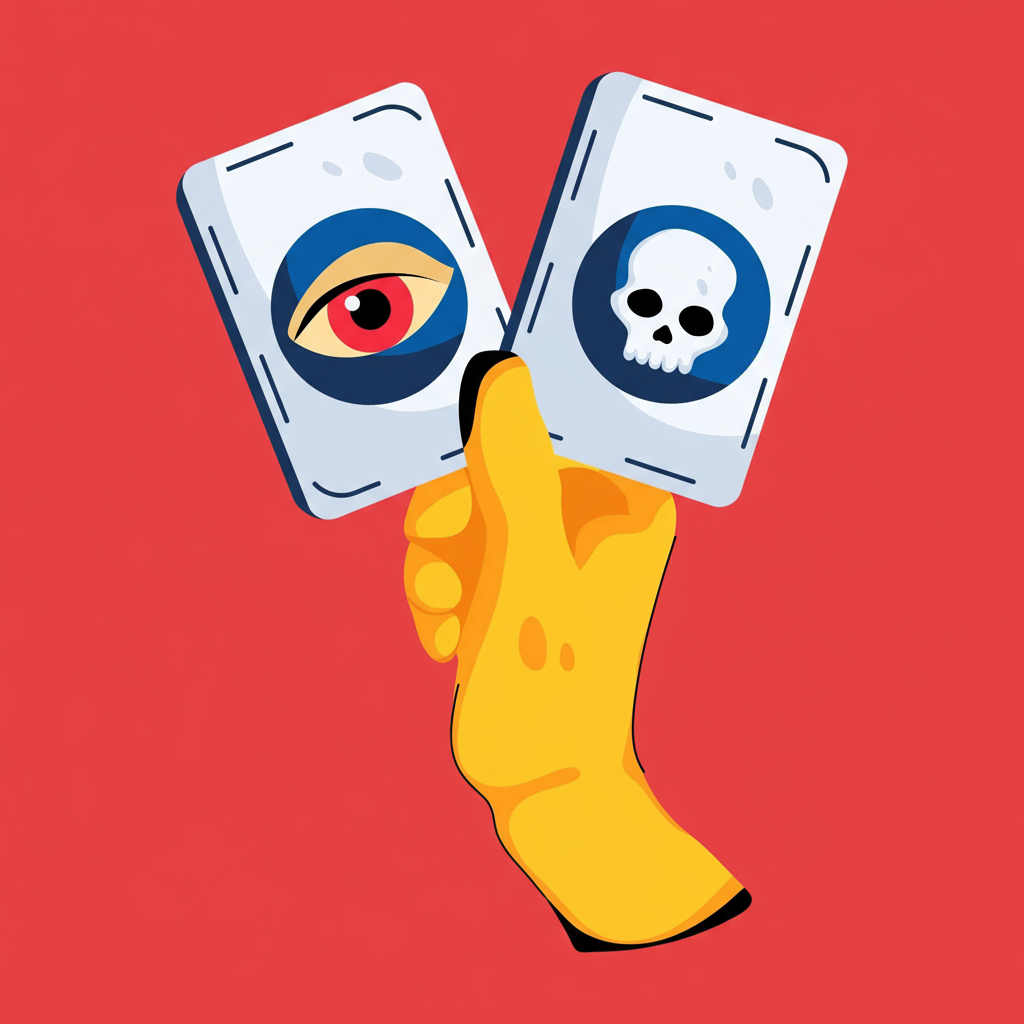 Illustration of a hand holding two tarot cards, one with an eye and one with a skull.