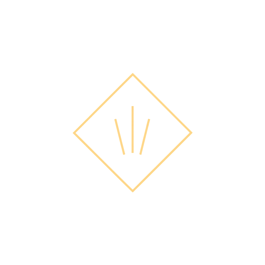 Black background with a gold outlined diamond shape containing three vertical lines of varying lengths.