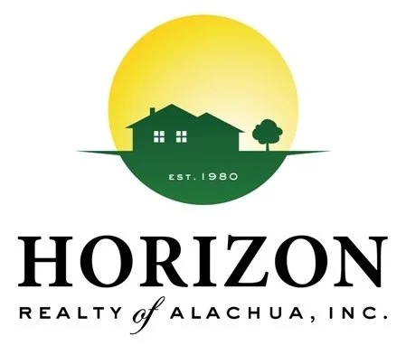 Logo for Horizon Realty of Alachua, Inc., featuring a house and tree silhouette with a yellow sun in the background, established in 1980.