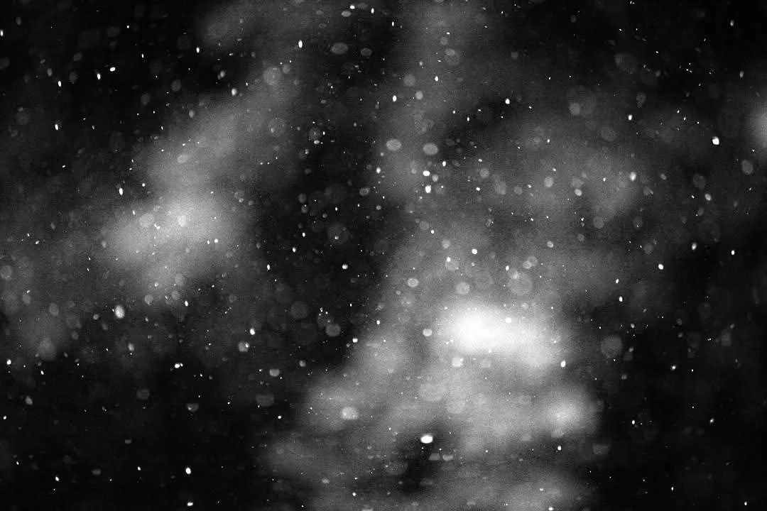 Black and white image of falling snow or particles in the dark.