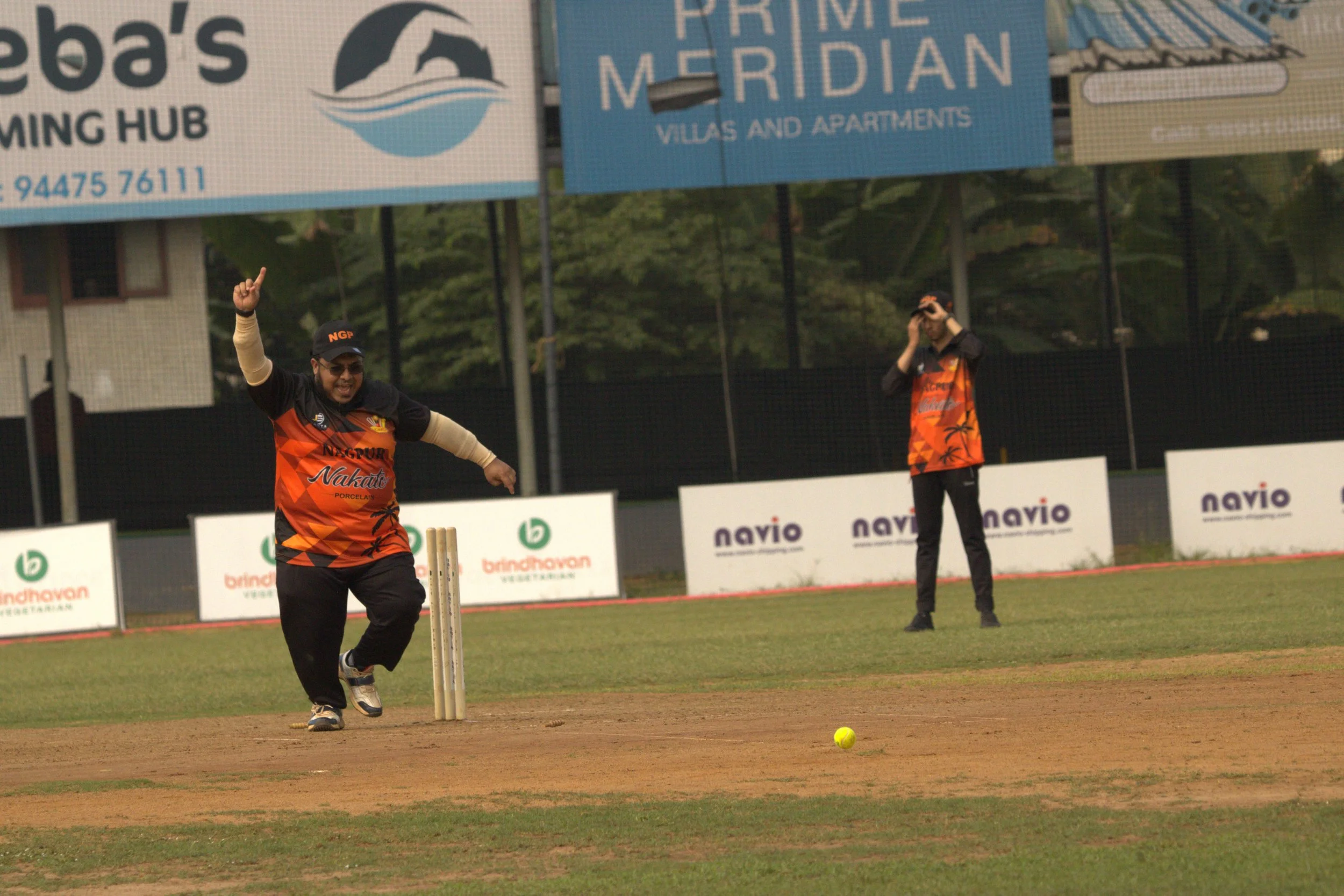 A man in a cricket uniform celebrating with one arm raised on a cricket field, with a yellow cricket ball in front of him, and another person in uniform standing in the background adjusting their cap. Advertising banners are visible in the background