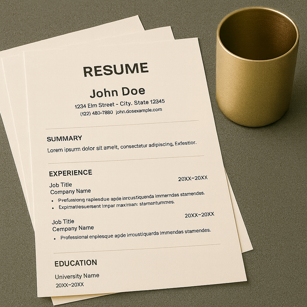 A resume on top of two other resumes, next to a empty beige mug on a gray surface.