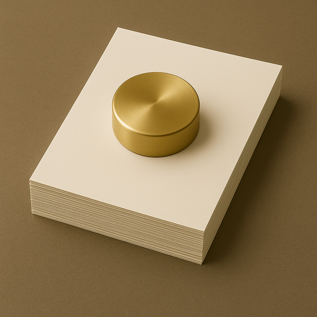 A gold-colored round knob on top of a stack of white papers or cards, placed on a beige surface.