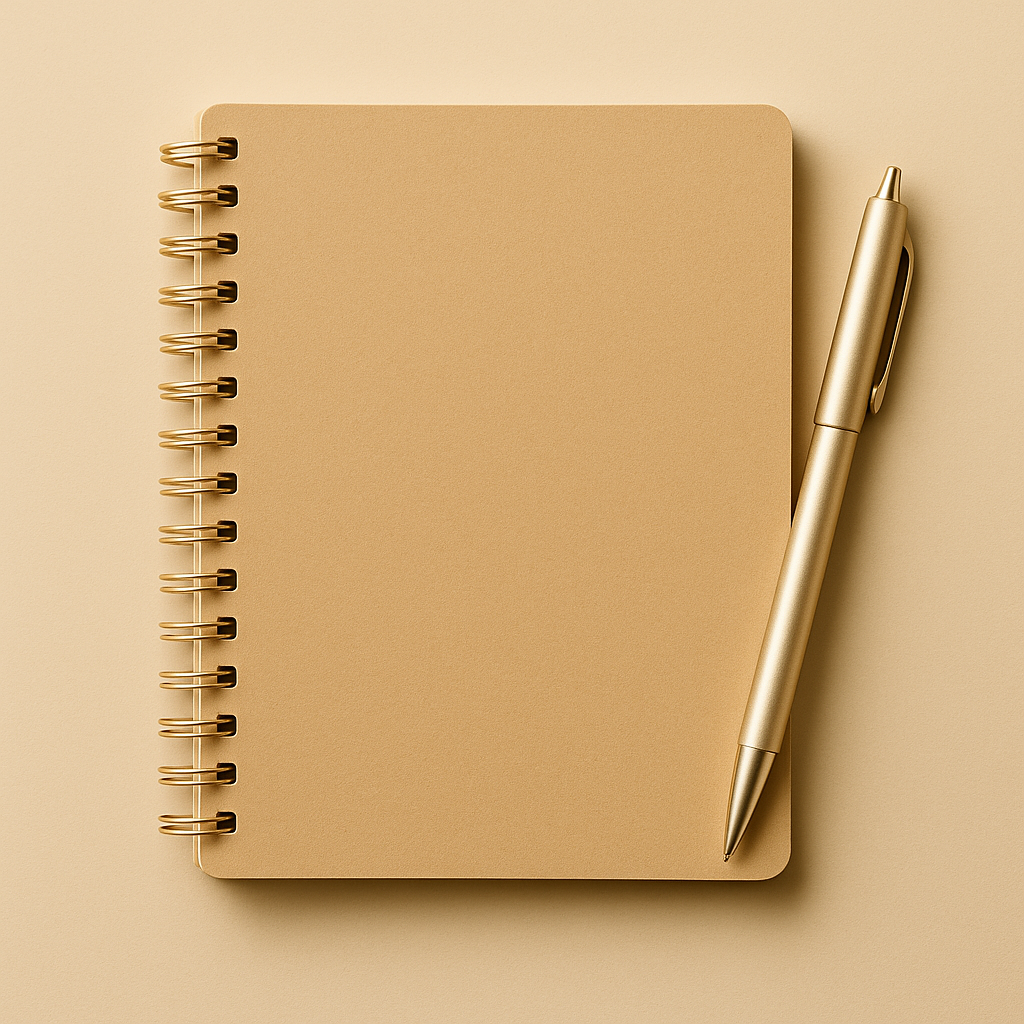 A gold spiral notebook and matching gold pen on a beige background.