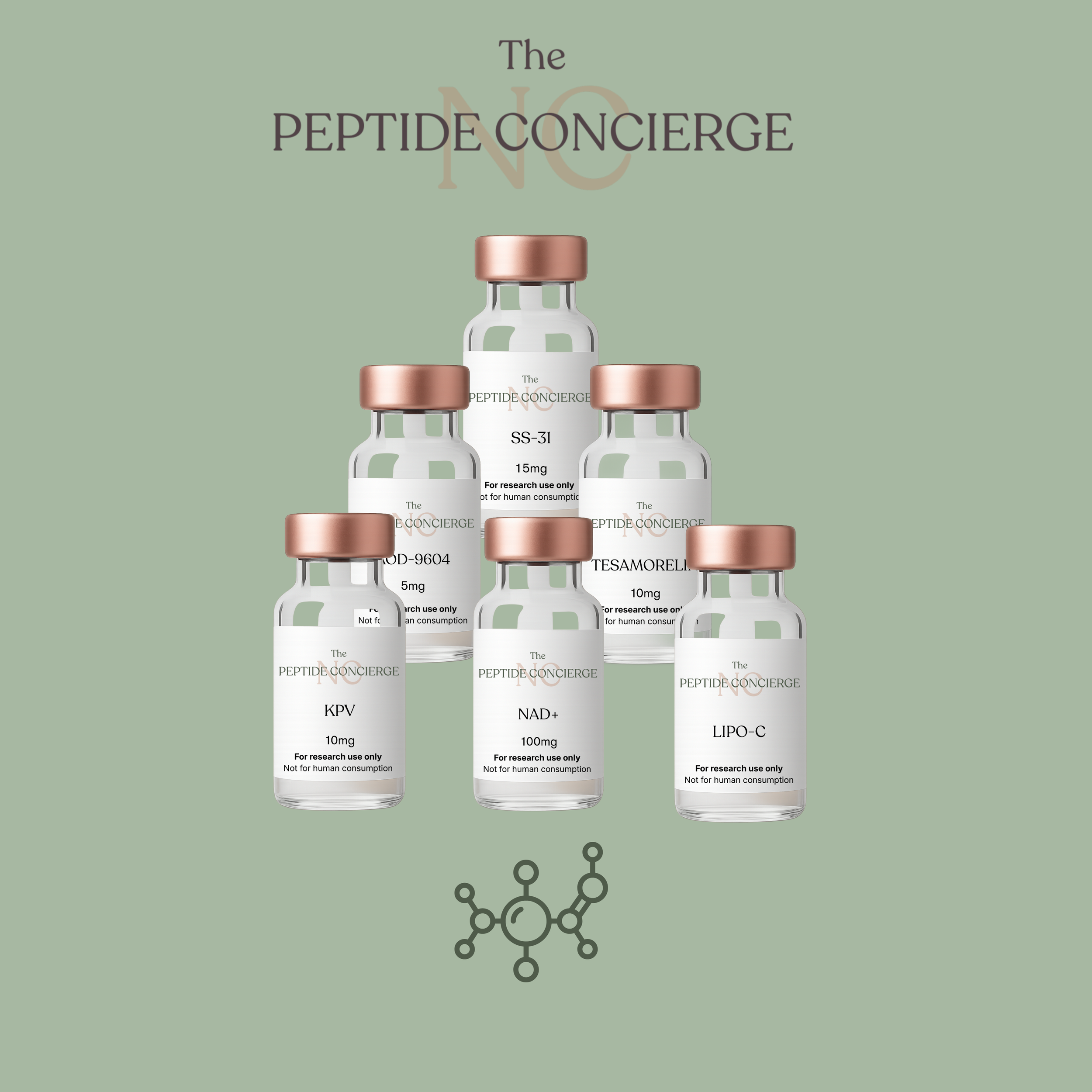 Five glass bottles labeled with different peptide supplement names and dosages, arranged in a pyramid formation with a light green background and a molecular icon below.