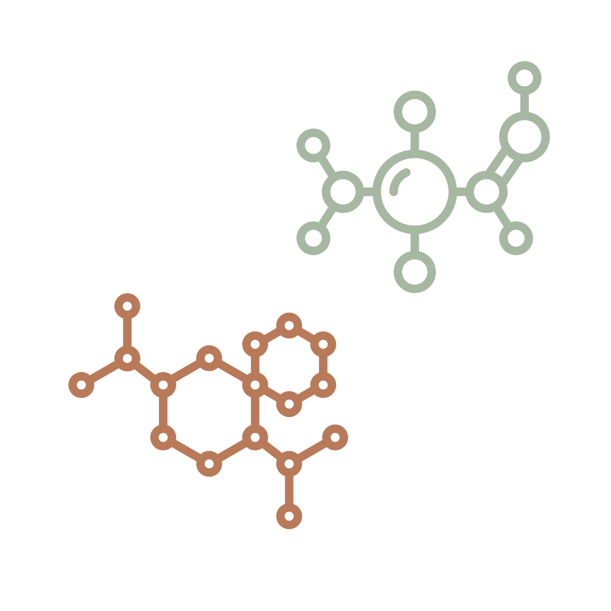 Diagram of molecular structures, with one in brown and one in gray, on a black background.