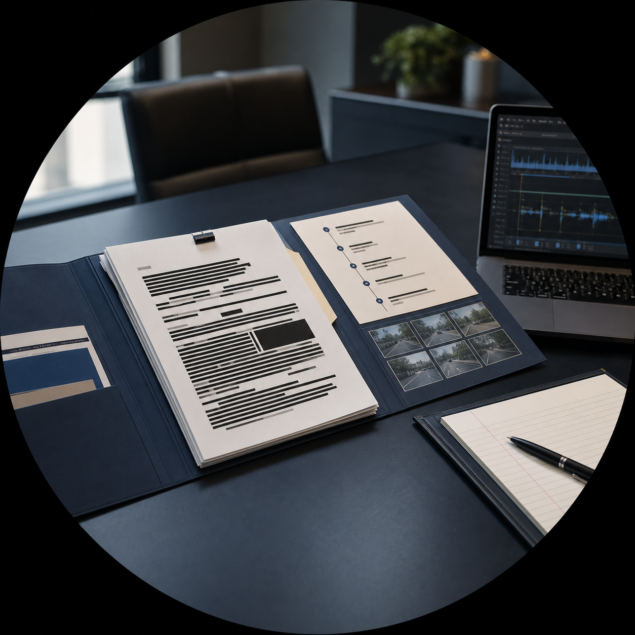 Organized legal evidence file with redacted reports, timeline, video stills, and laptop review