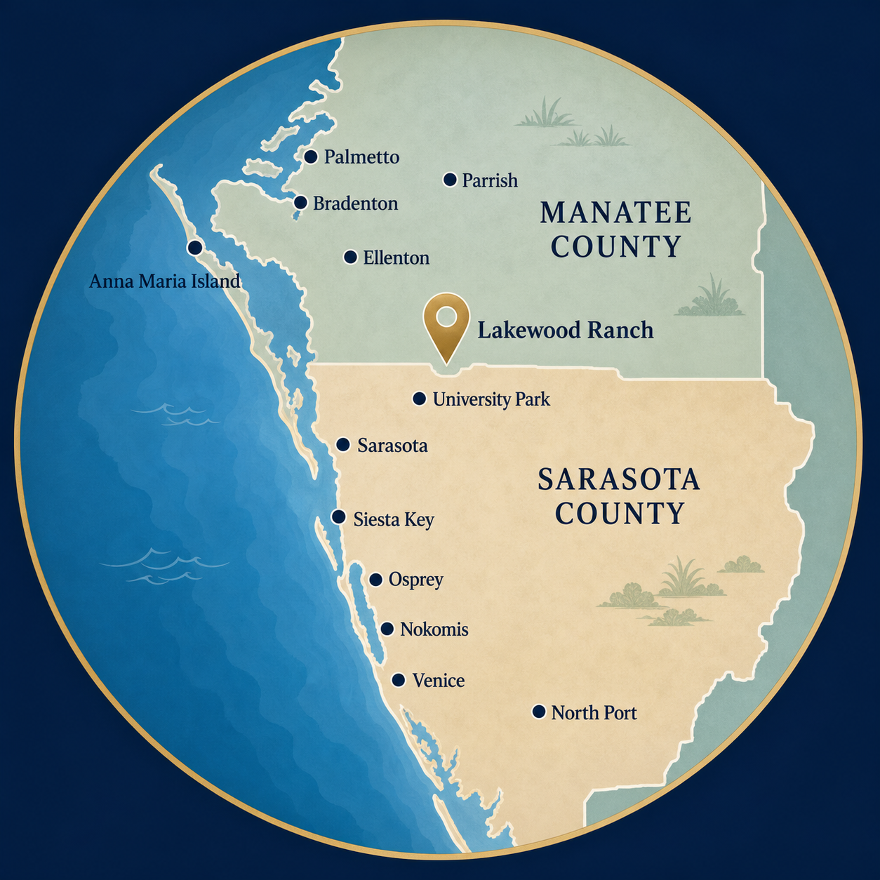 Illustrated service-area map of Lakewood Ranch and communities across Manatee and Sarasota Counties
