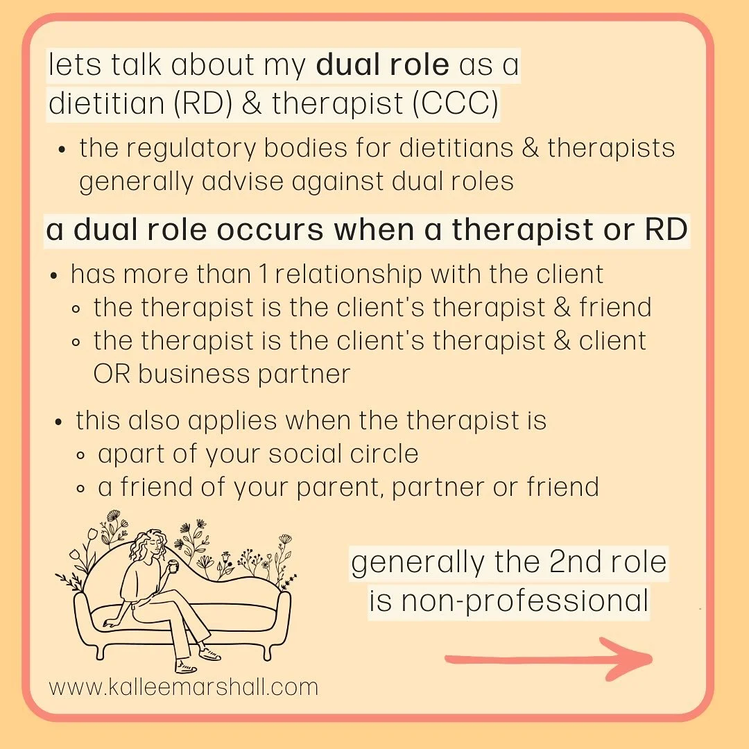 Let&rsquo;s talk about my dual role as a dietitian and therapist (CCC). 

Dual roles are complicated, there are many reasons they aren&rsquo;t recommended. 

But because research shows nutrition affects mental health &amp; mental health affects nutri