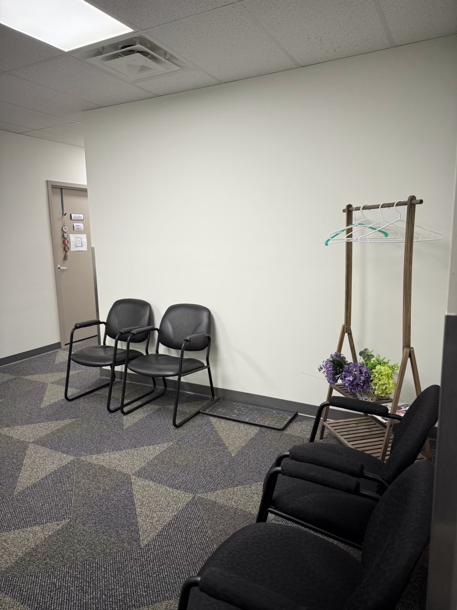 Empty waiting room with black chairs, a small plant stand with purple and green flowers, and a white wall.