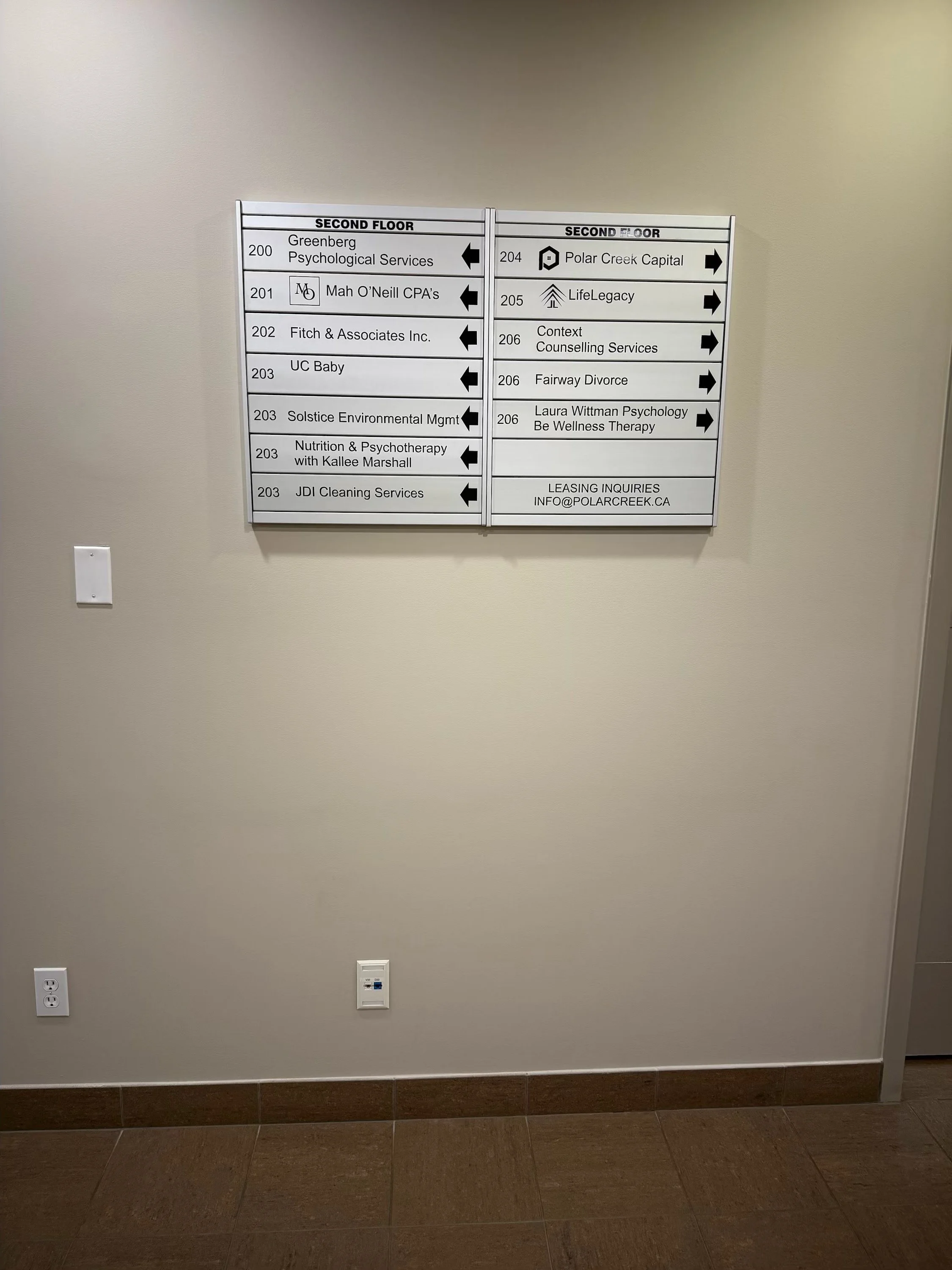 A directory sign on a beige wall listing offices and services on the second floor, with arrows indicating directions.