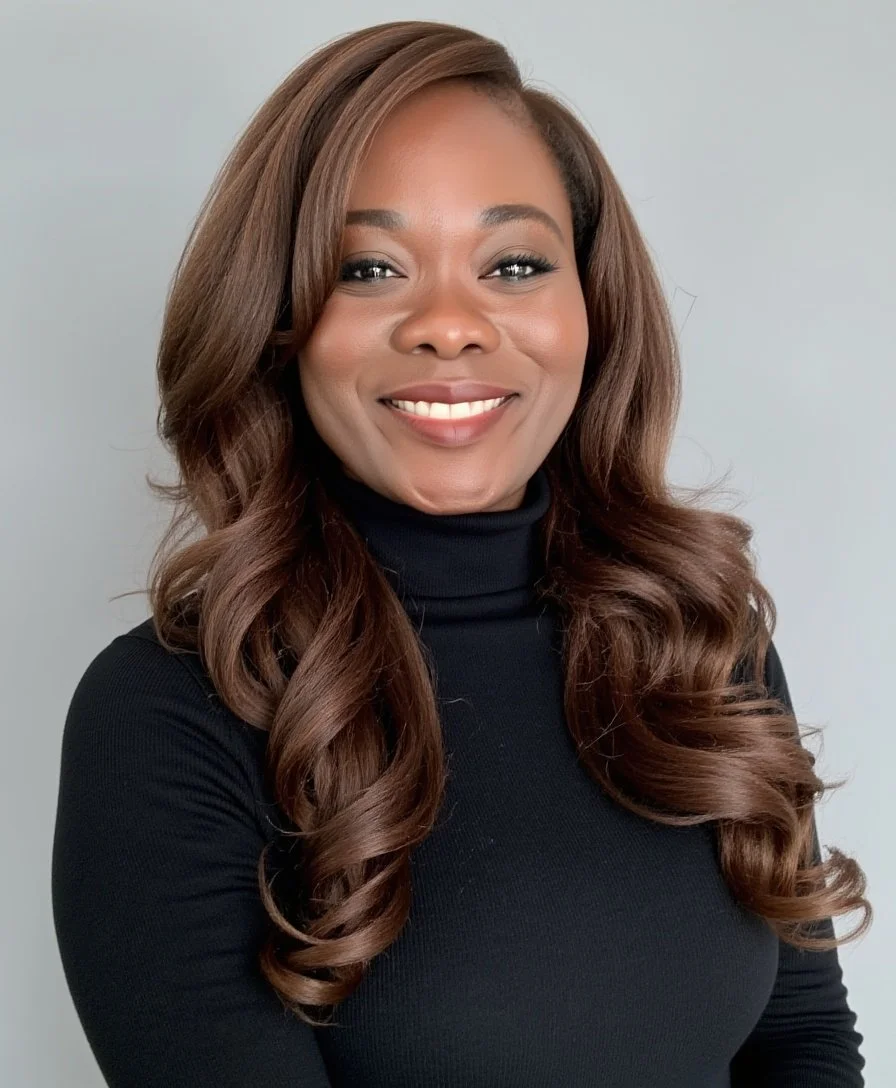 Agatha is wearing a black turtleneck and smiling against a grey background.