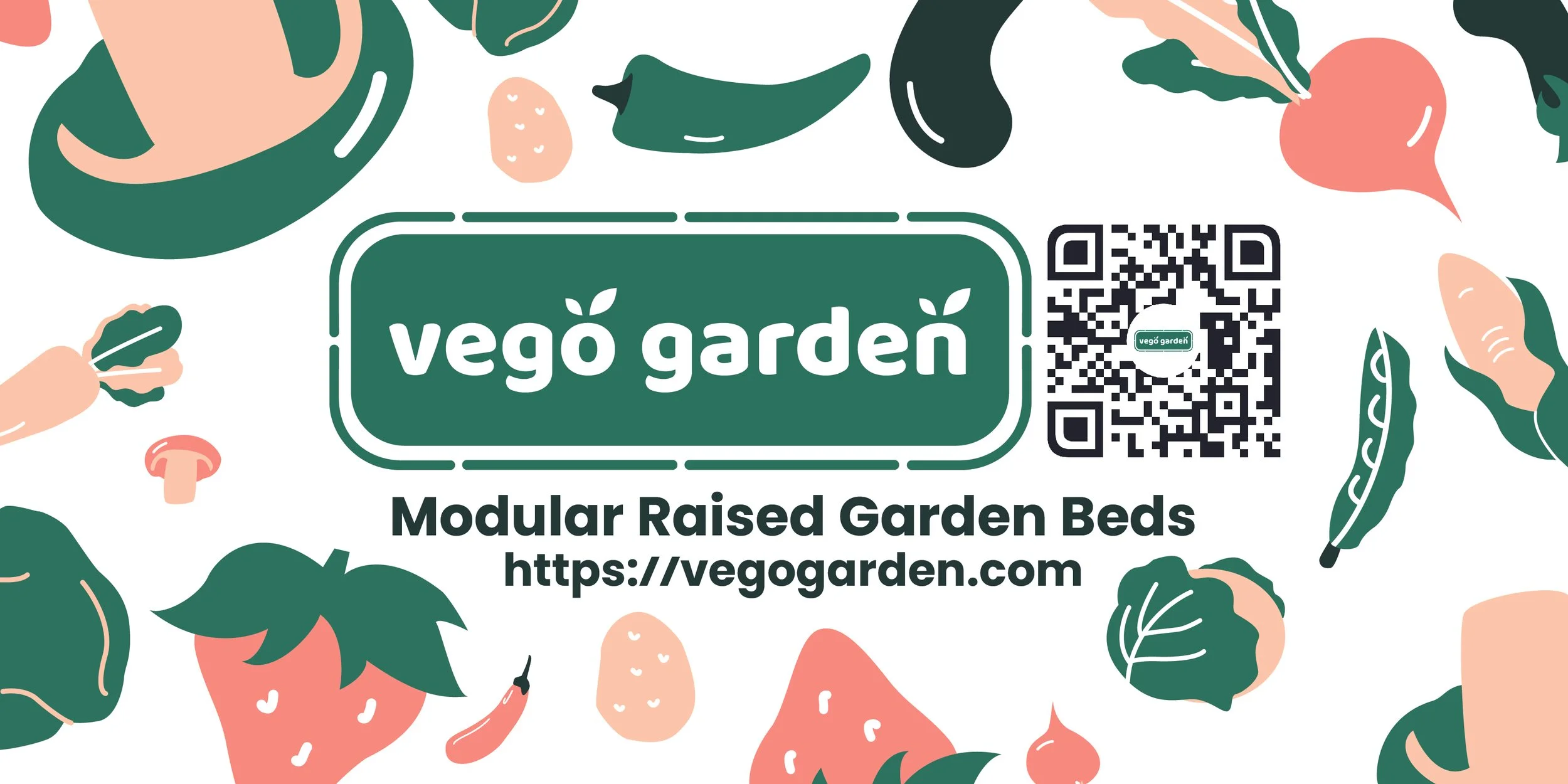 Colorful illustration of various vegetables surrounding a green sign that reads 'vegô arbëën' with a QR code, the website URL 'https://vegogarden.com', and the description 'Modular Raised Garden Beds'.