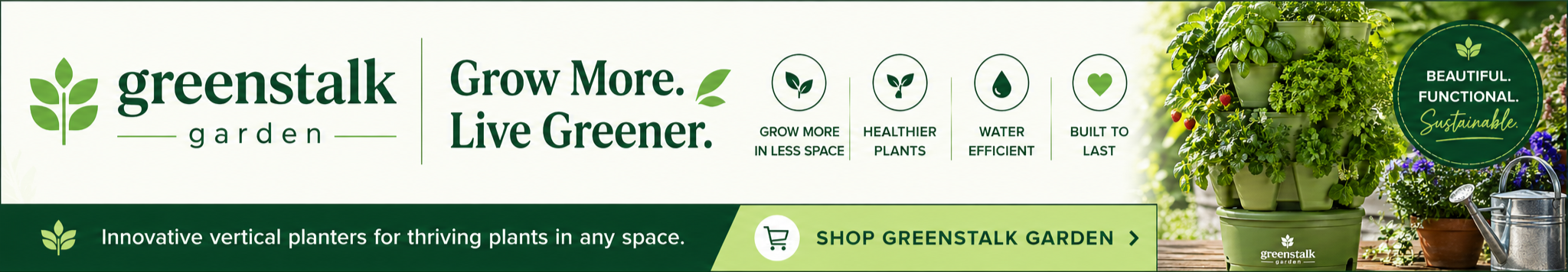 Greenstalk garden banner with vertical planters, icons depicting plant growth, health, water efficiency, and sustainability, a shopping cart icon, and a stack of green and brown pots with plants on a wooden surface.