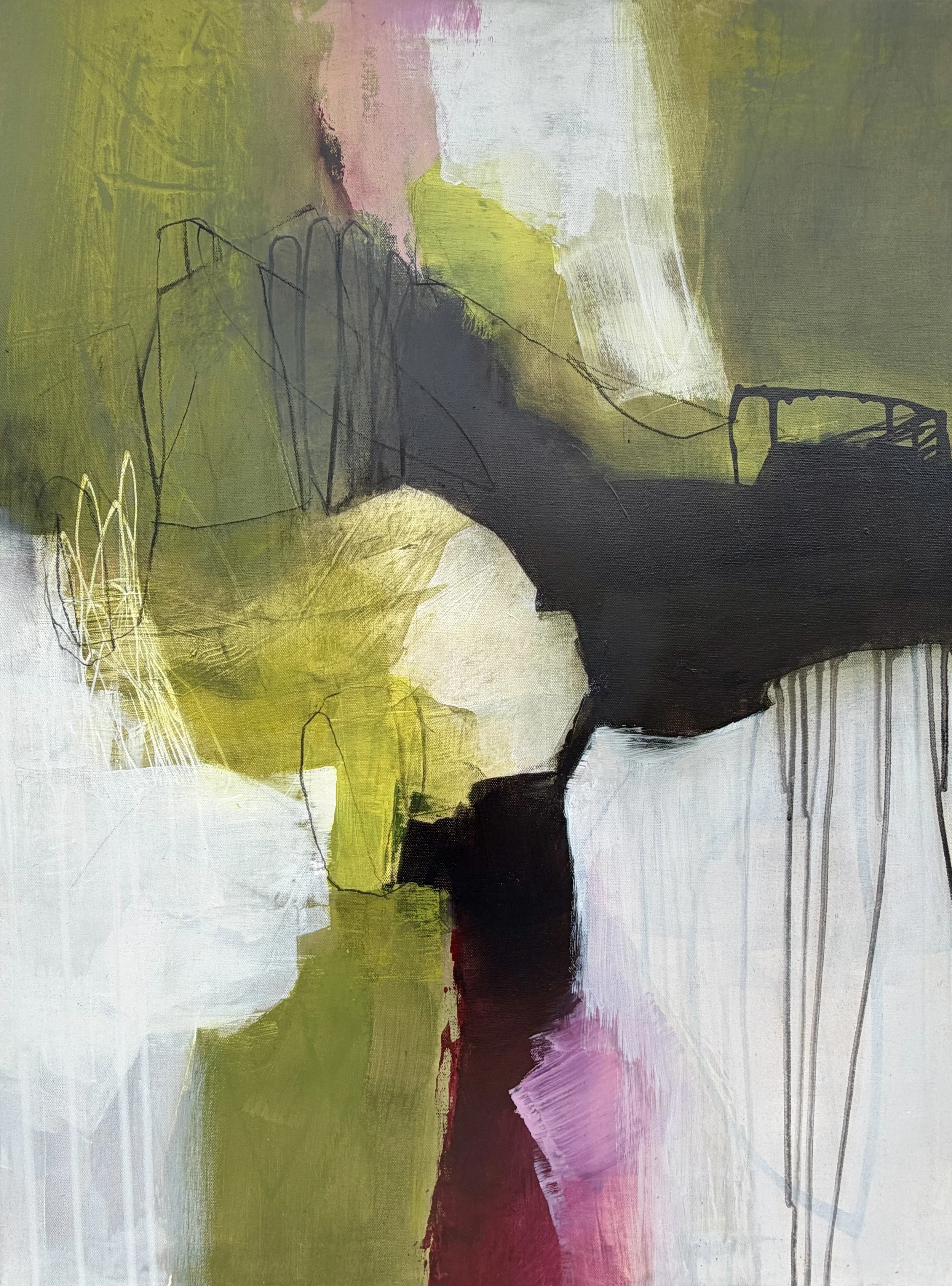 Abstract painting with broad brushstrokes in shades of green, pink, white, black, and hints of purple, featuring overlapping colors and faint line details.