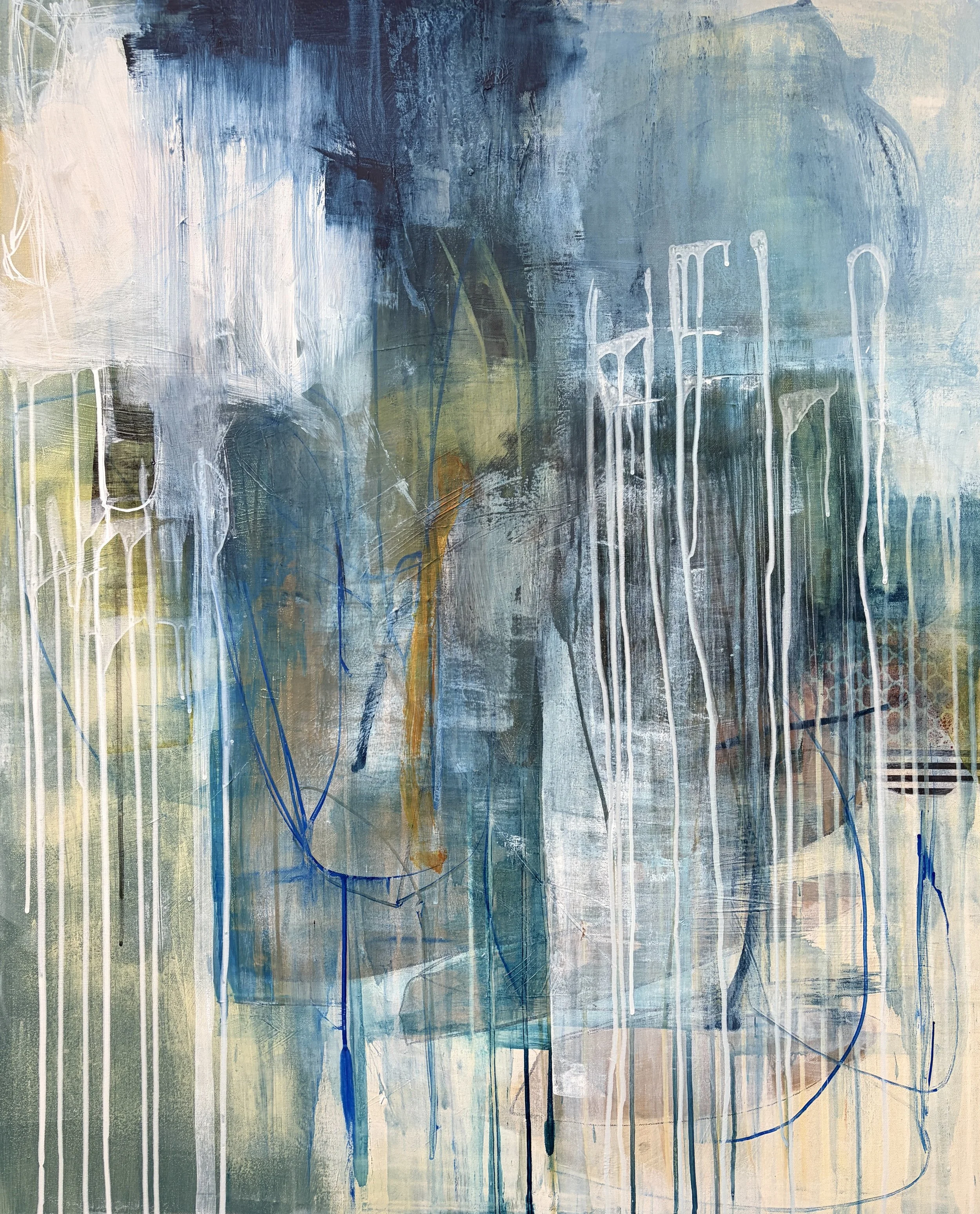 An abstract painting featuring a mix of blue, green, and white hues with drips and textured brushstrokes.
