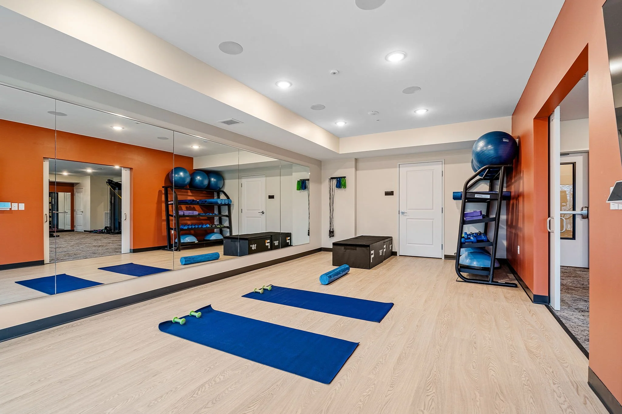 Indoor fitness room with yoga mats, foam rollers, dumbbells, exercise balls, and storage shelves with workout equipment, mirrored wall, and wooden floor.