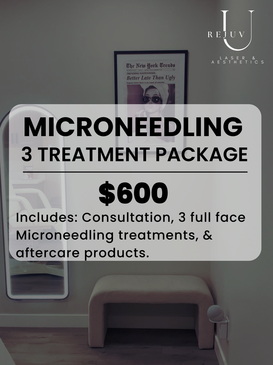 Advertisement for microneedling treatment, offering one full face microneedling session for $189, including consultation, treatment, and aftercare kit, with a background of soft flowers.