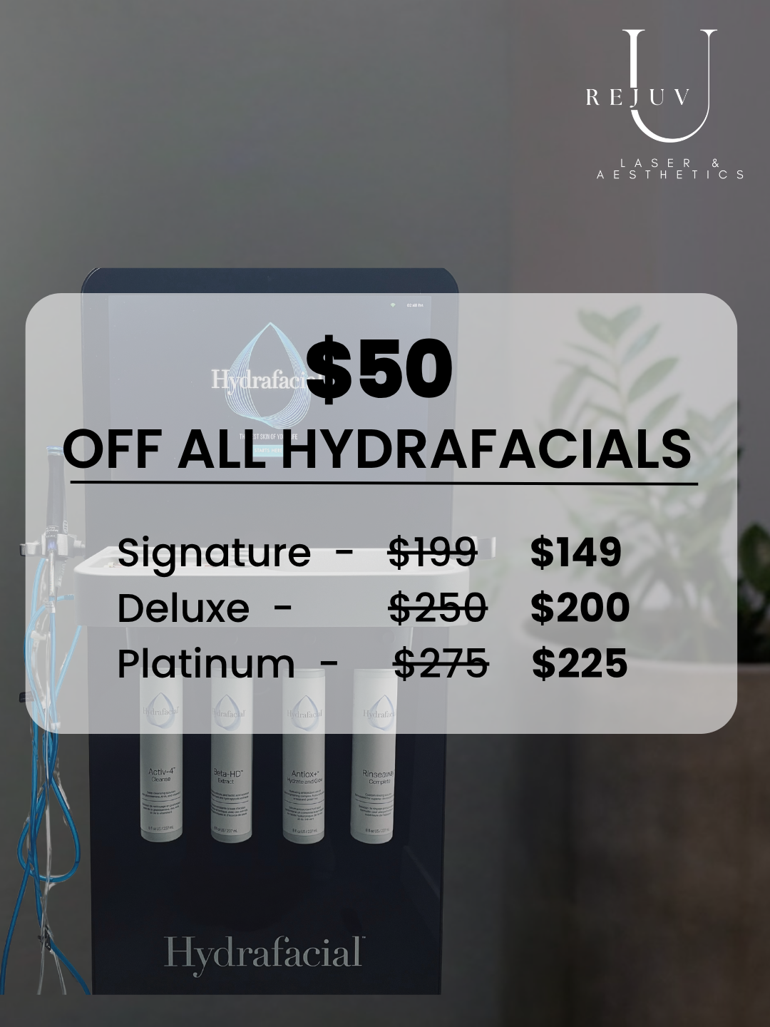 Poster advertising a hydrafacial treatment called Spring Reset Hydrafacial for $175, includes dermaplaning, deep cleanse, gentle peel, extractions, customized booster, and hydration, with a soft floral background.