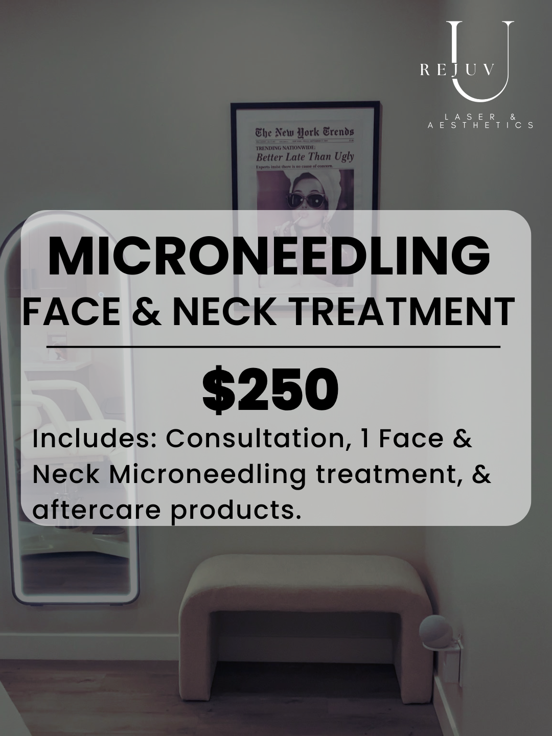 A promotional poster for laser hair removal treatments featuring a background of dried flowers with soft pastel tones, and text detailing a package of three full leg treatments for $500, including consultation.