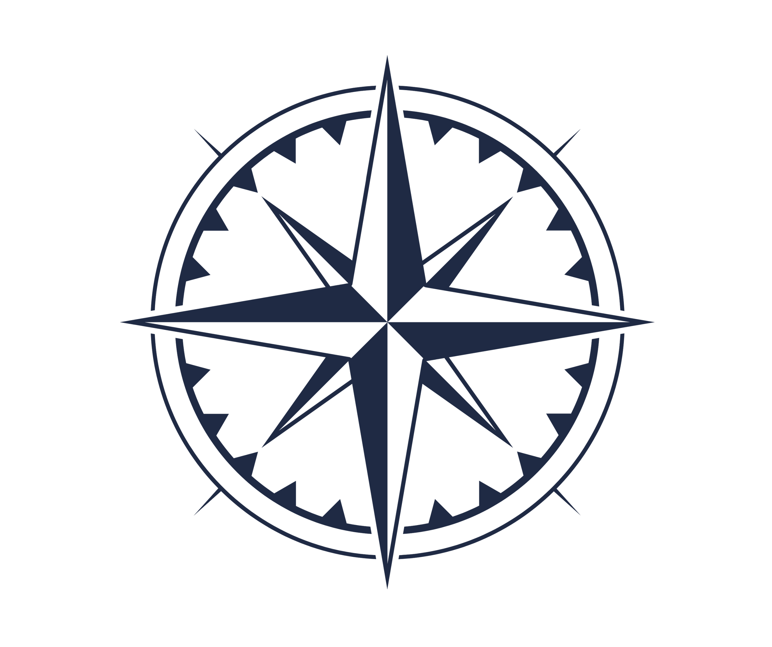 A dark blue compass rose with north at the top, surrounded by a circular border, on a black background.