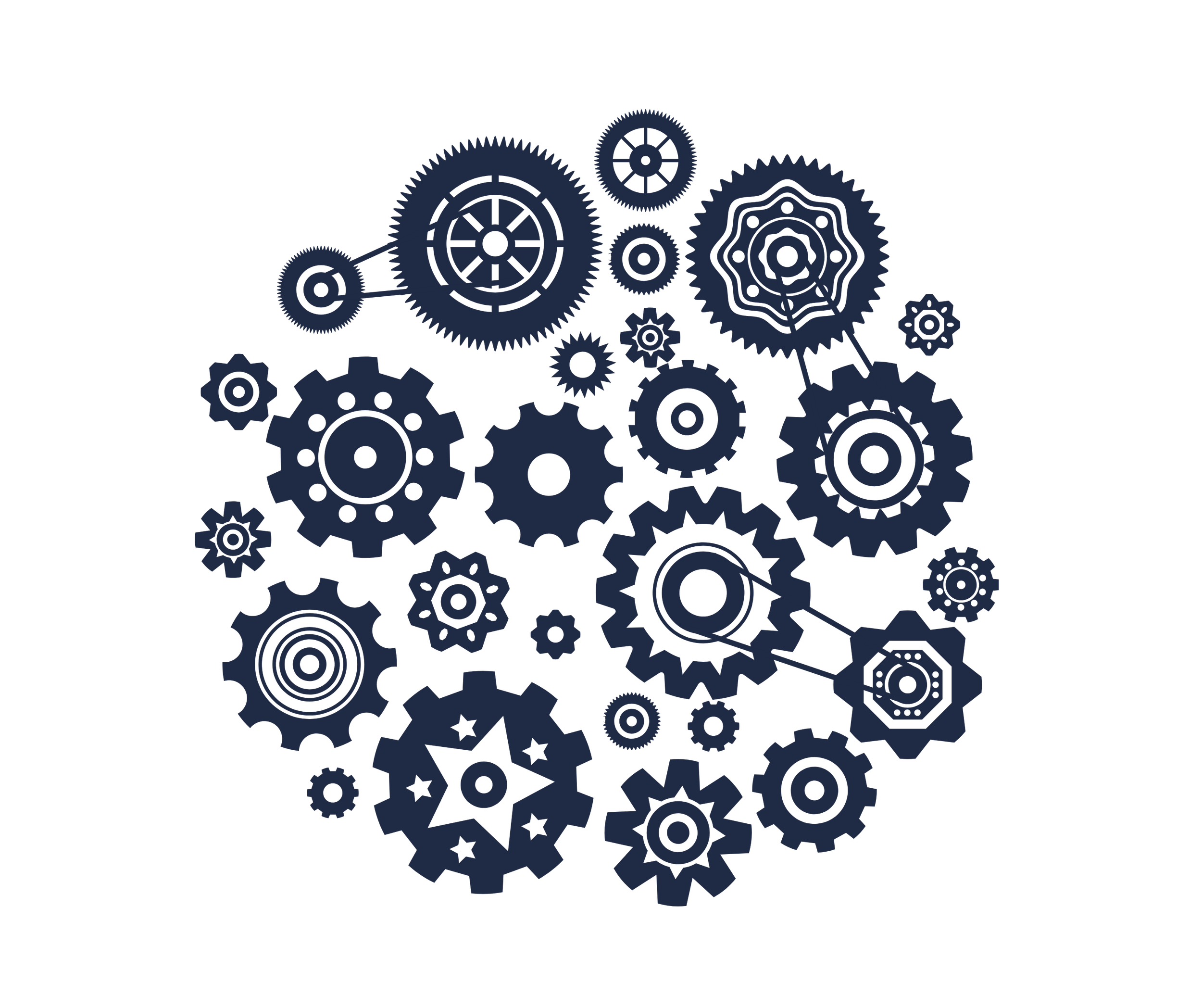 Dark blue interconnected gears of various sizes on a black background.