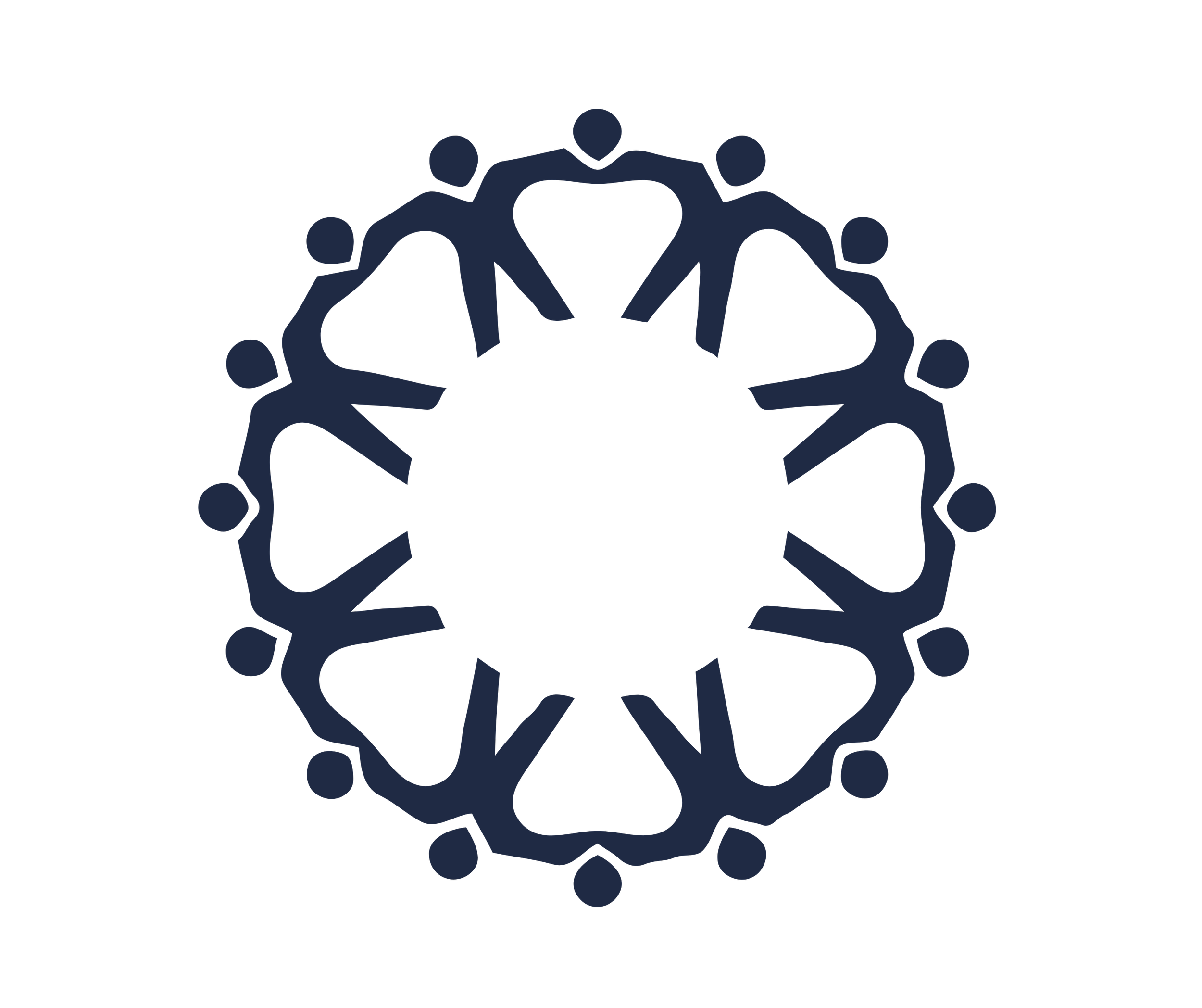 A dark blue graphic of multiple human figures holding hands, arranged in a circular pattern, representing community or unity.