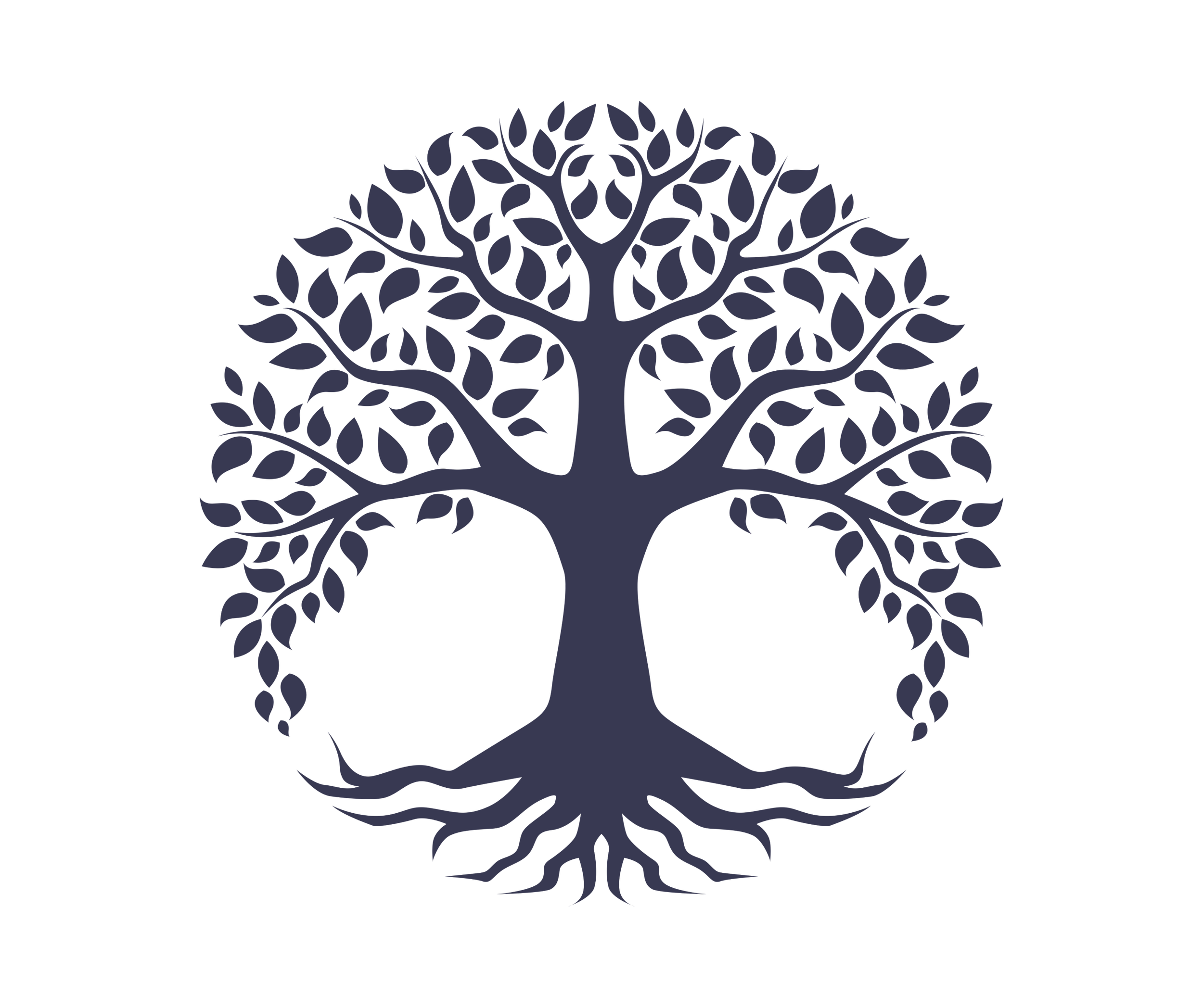 Stylized tree with branches, leaves, and roots, set against a black background.